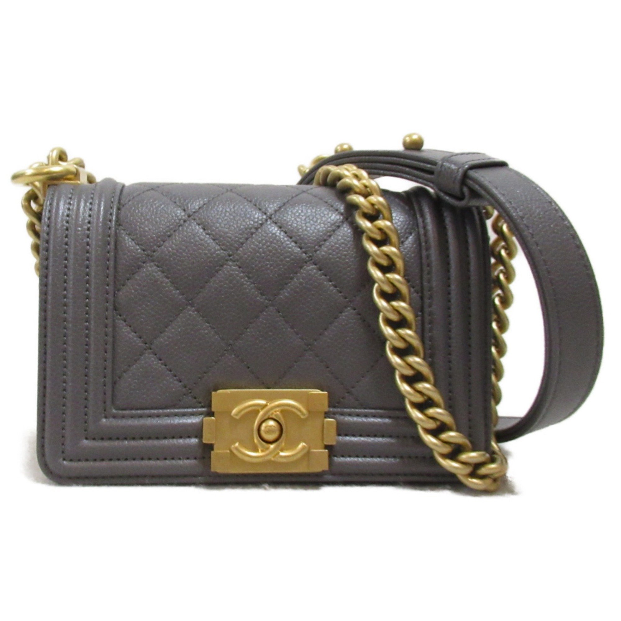 CHANEL Boy Chanel Mini Chain Shoulder Bag Gray Caviar Skin Grained Calf eLADY Globazone