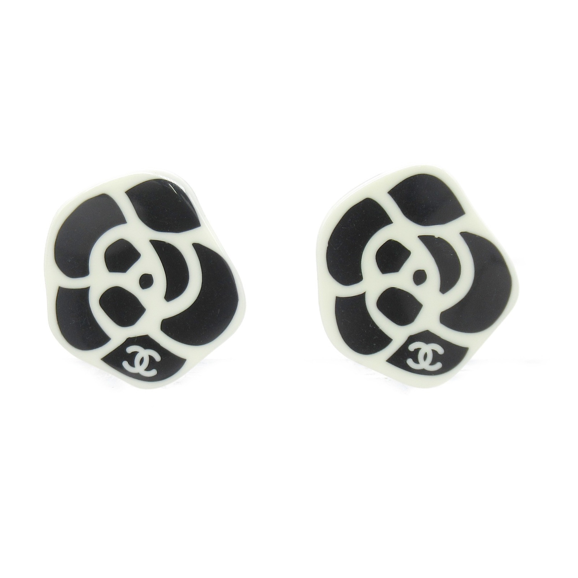 CHANEL Camellia Earring Earring Black White Gold Plated Black White