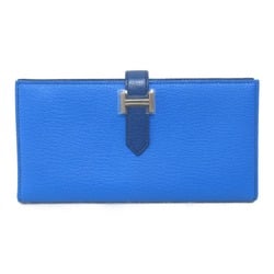 HERMES Bearn Souffle Bifold Long Wallet Blue Shave leather