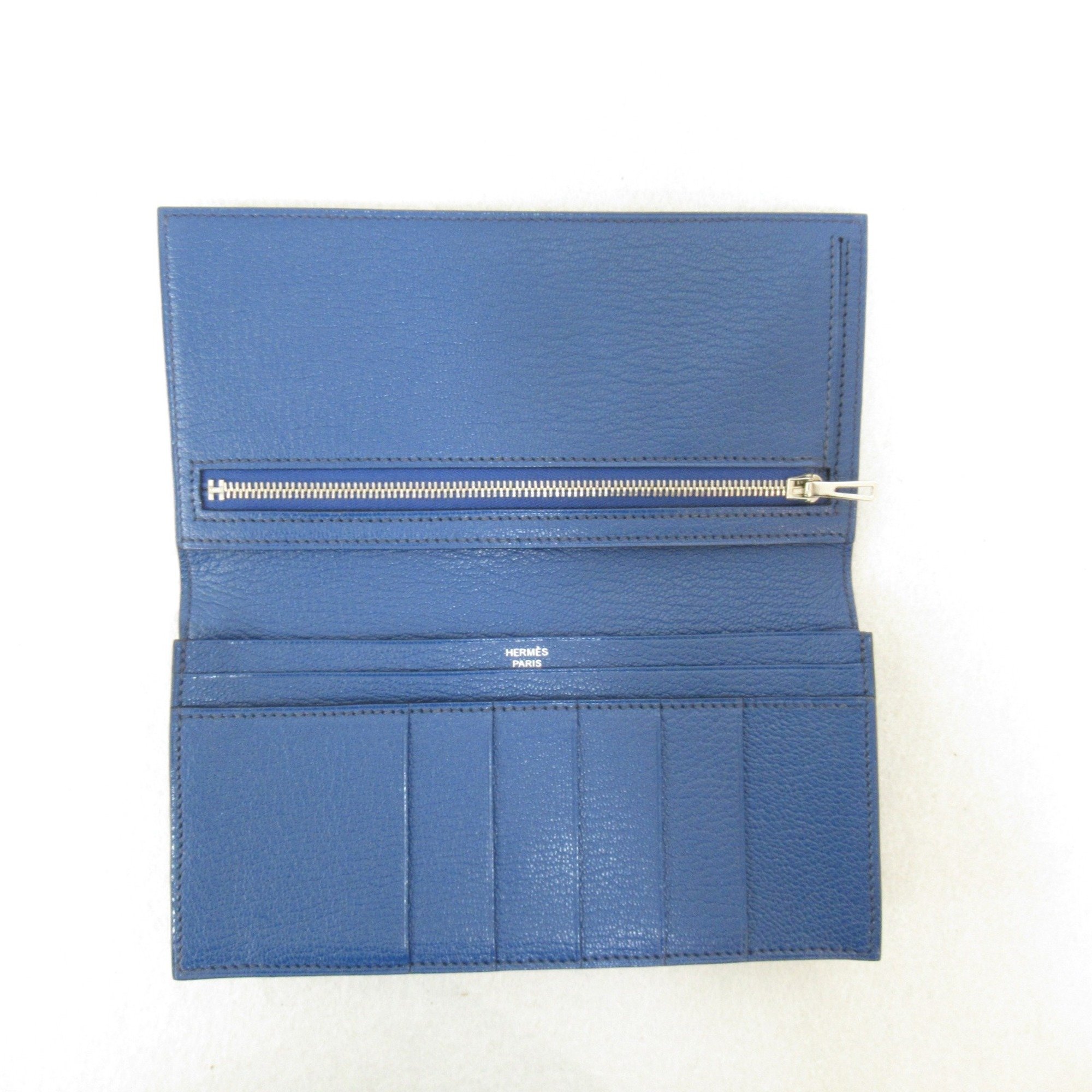 HERMES Bearn Souffle Bifold Long Wallet Blue Shave leather