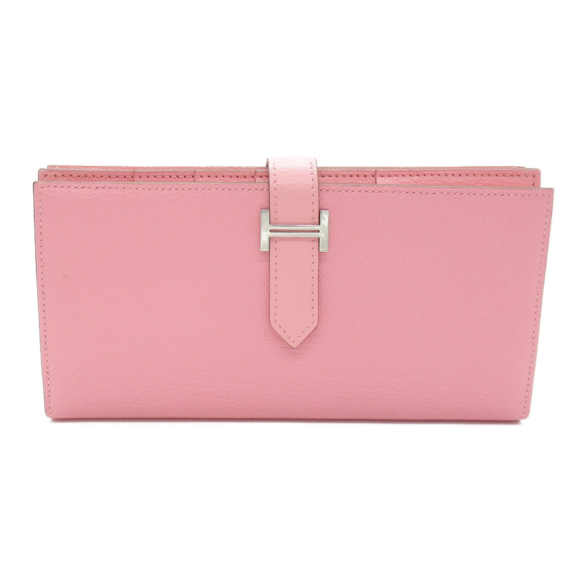 HERMES Bearn Souffle Bifold Long Wallet Pink Shave leather