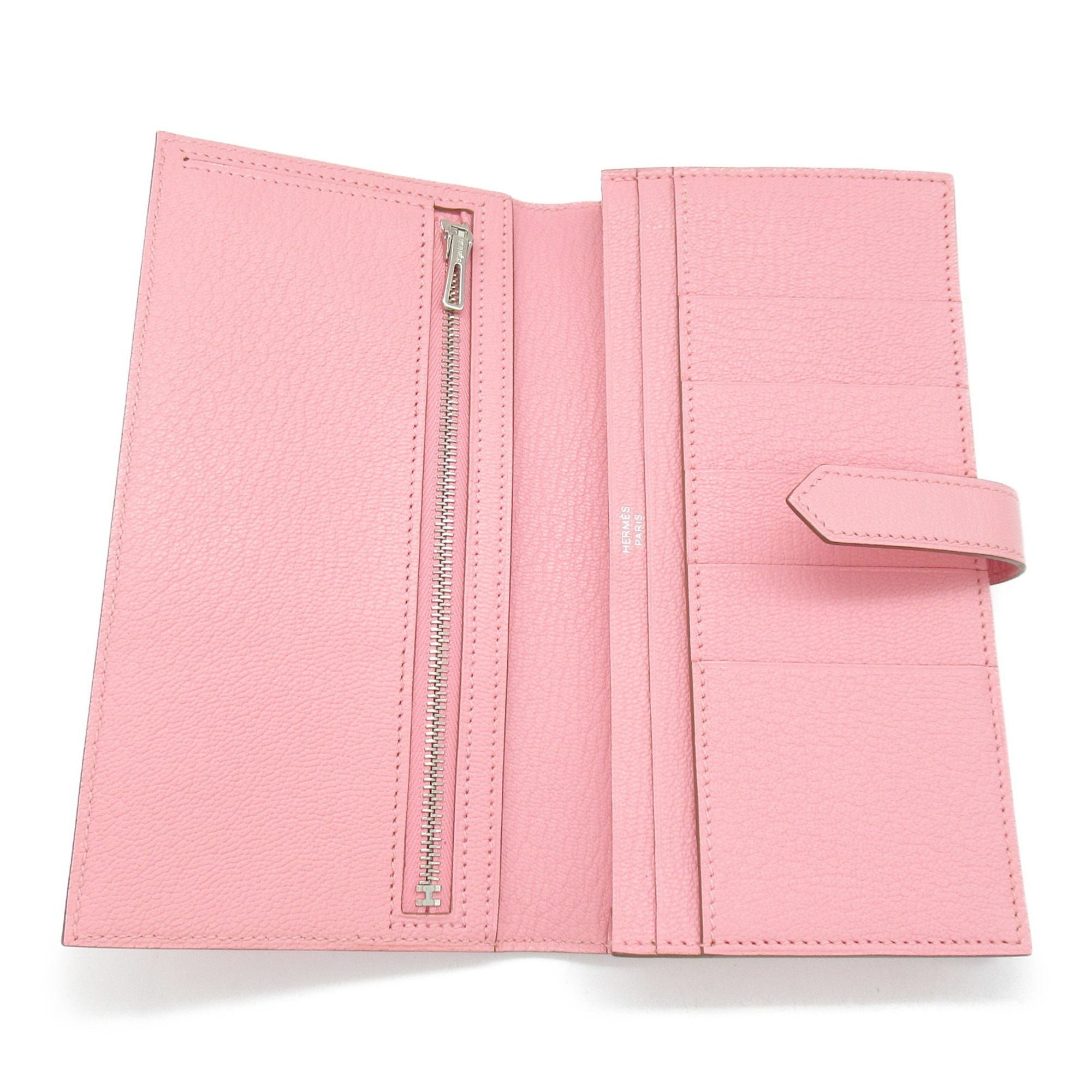 HERMES Bearn Souffle Bifold Long Wallet Pink Shave leather