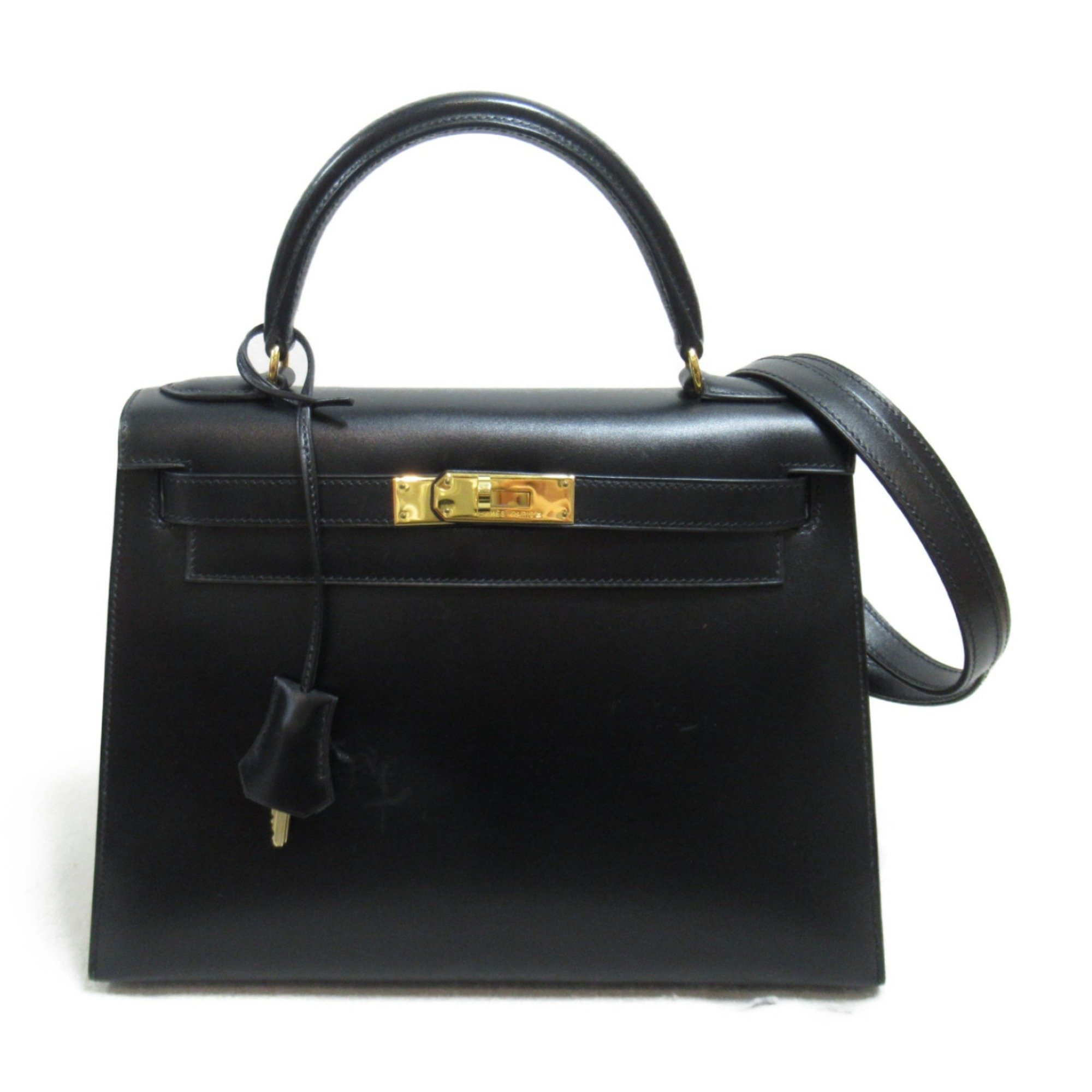 HERMES Kelly 28 Black Outer Stitch Handbag Black Noir Box calf leather Calfskin (cowhide)