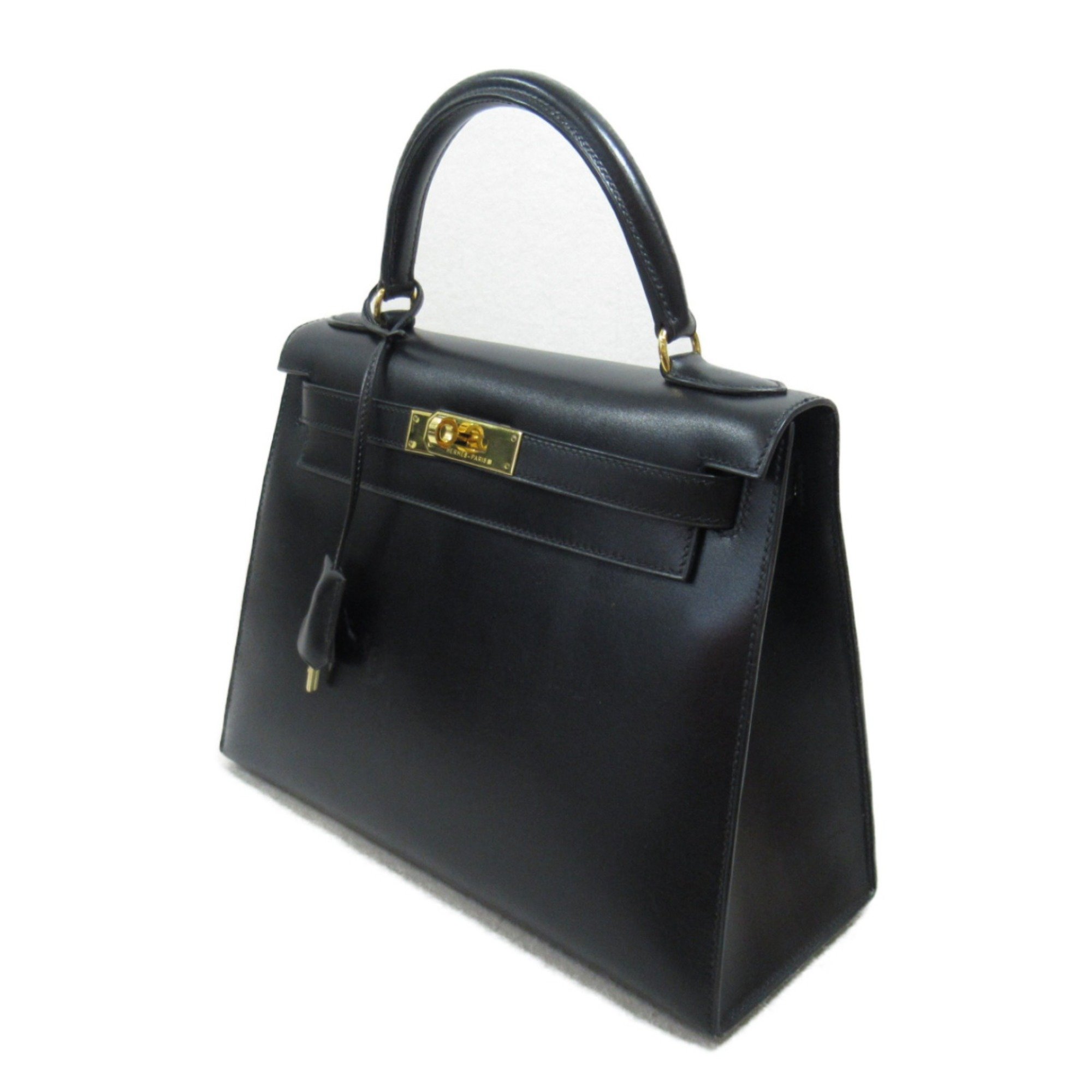 HERMES Kelly 28 Black Outer Stitch Handbag Black Noir Box calf leather Calfskin (cowhide)