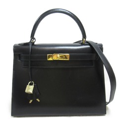 HERMES Kelly 28 Black Handbag Outside Stitching Black Noir Box calf leather leather