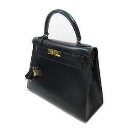 HERMES Kelly 28 Black Handbag Outside Stitching Black Noir Box calf leather leather