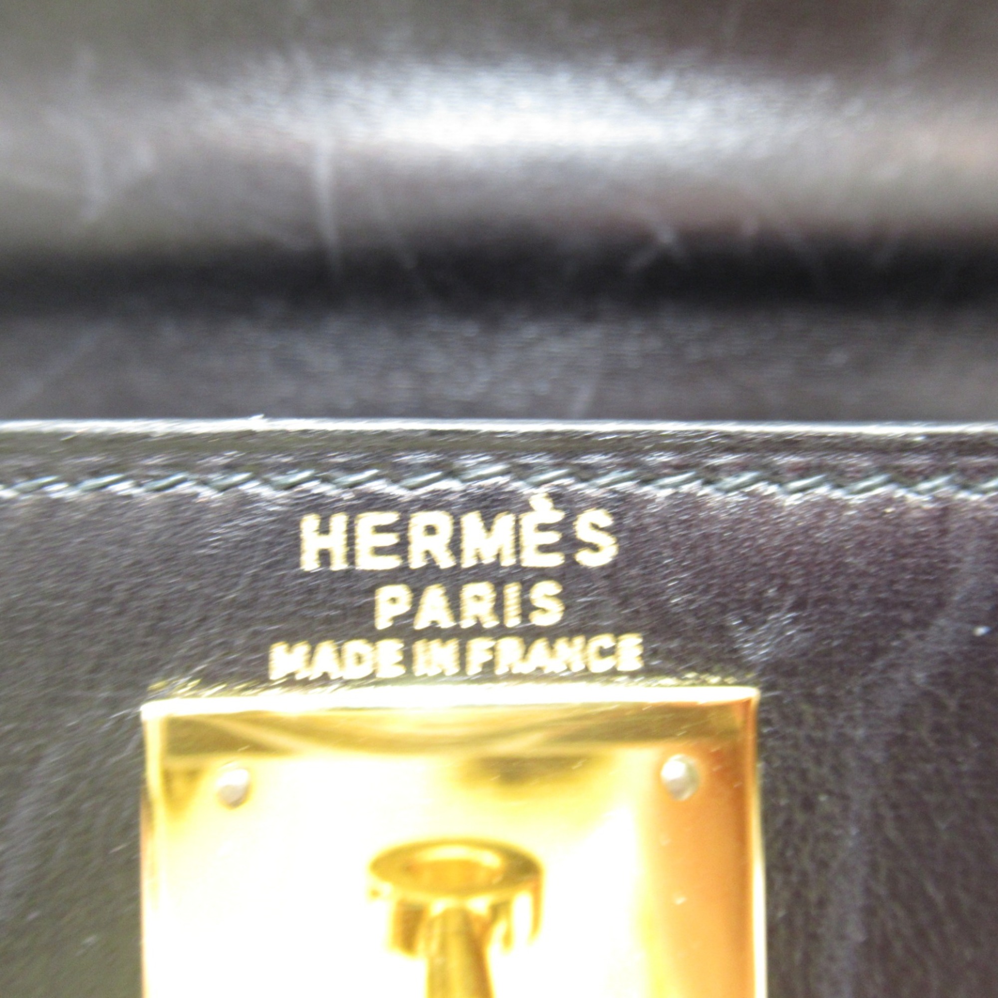 HERMES Kelly 28 Black Handbag Outside Stitching Black Noir Box calf leather leather