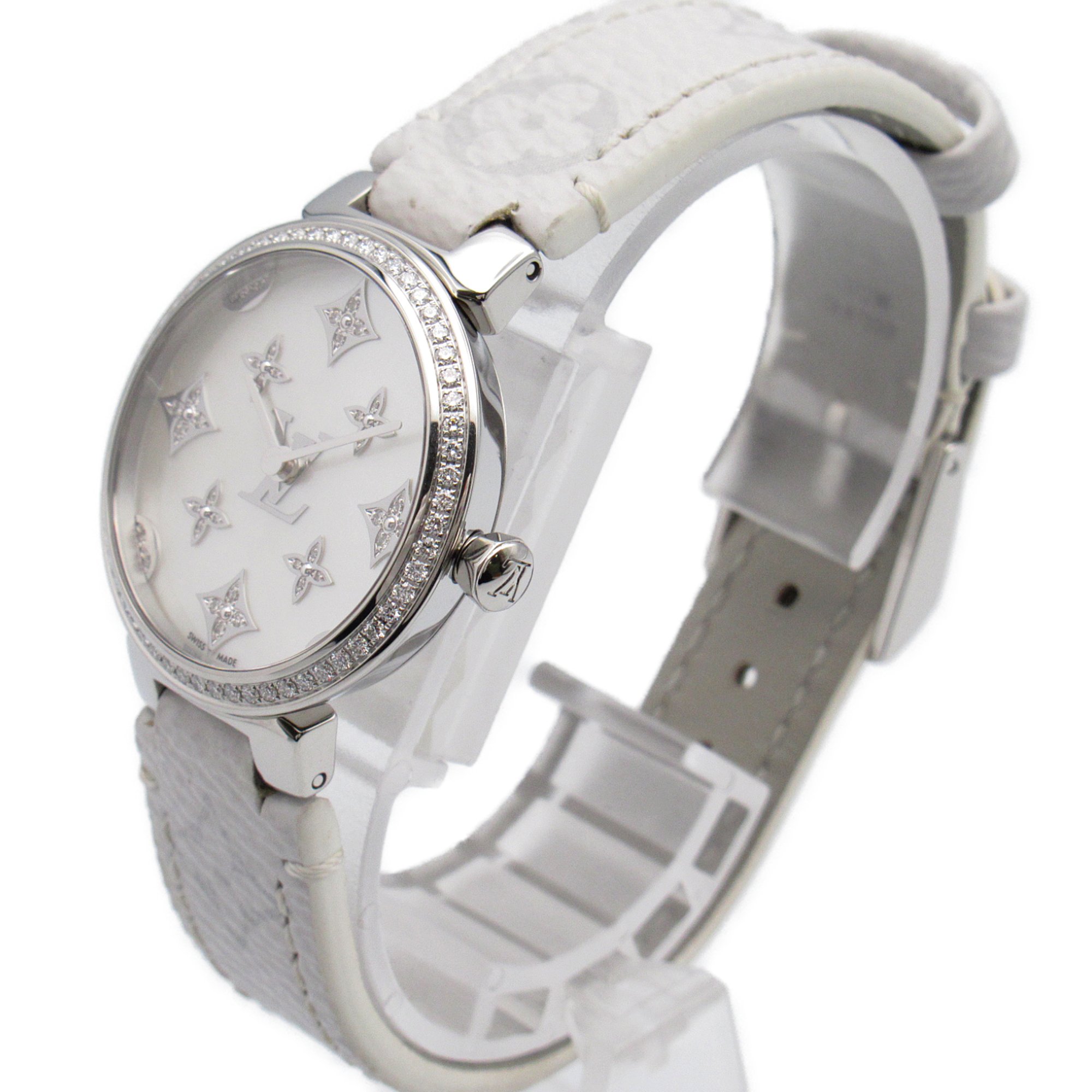 LOUIS VUITTON Tambour slim diamond bezel Wrist Watch QA109 Quartz White White shell Stainless Steel Leather belt QA109