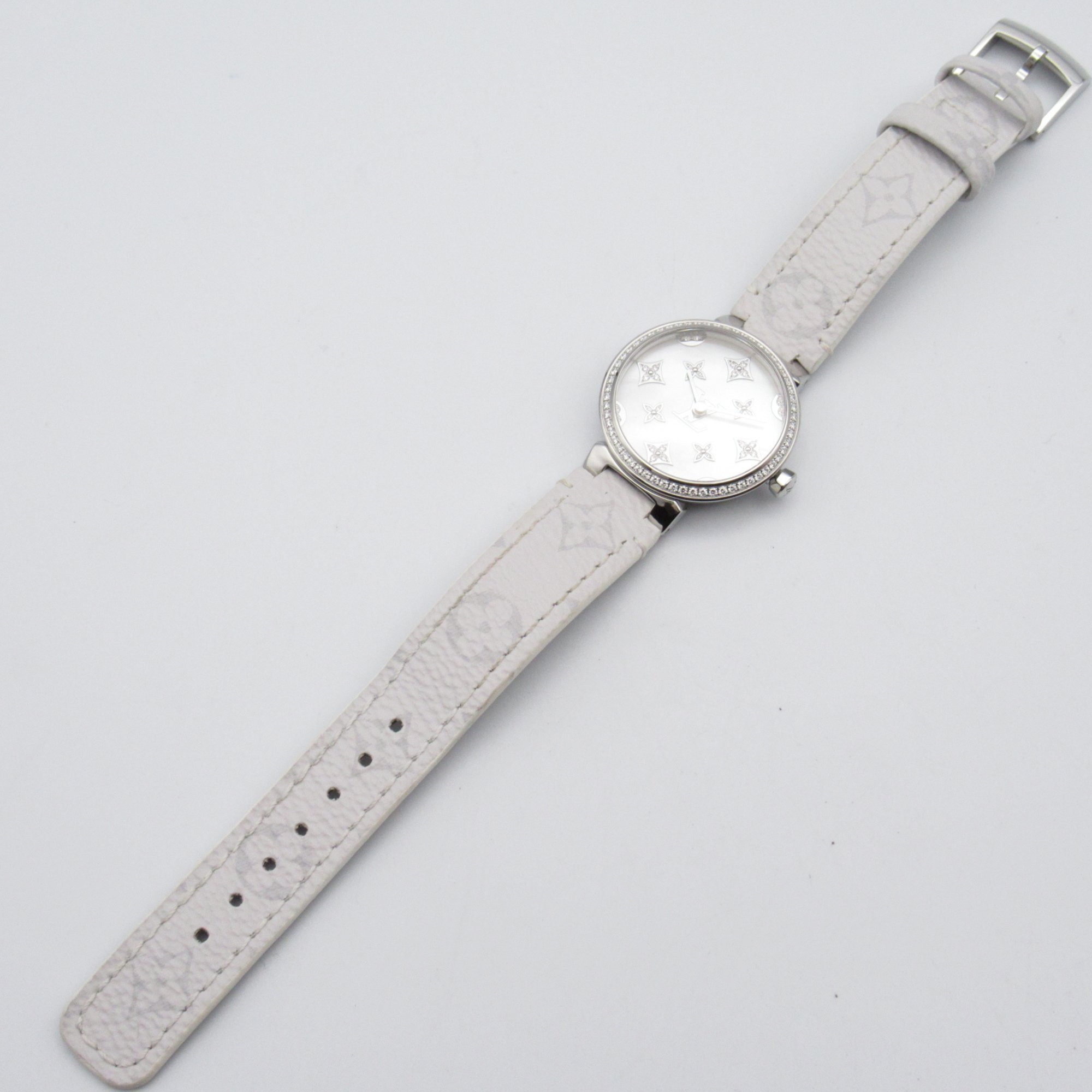 LOUIS VUITTON Tambour slim diamond bezel Wrist Watch QA109 Quartz White White shell Stainless Steel Leather belt QA109