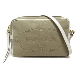 PRADA Shoulder Bag Beige White canvas leather