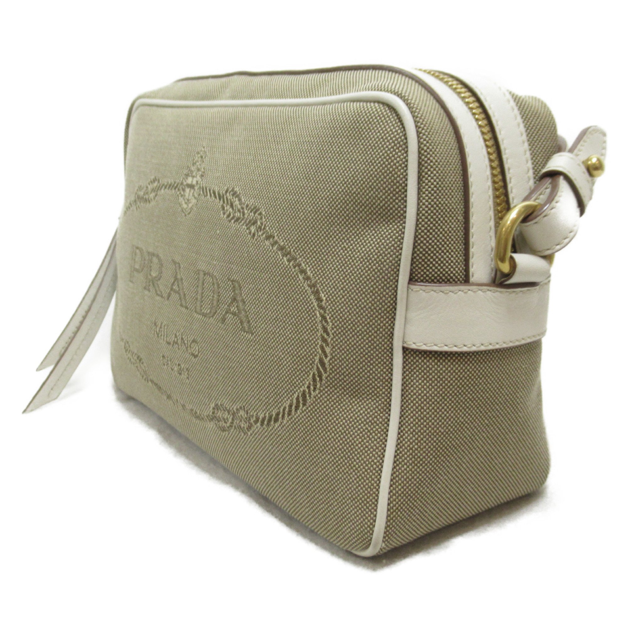 PRADA Shoulder Bag Beige White canvas leather