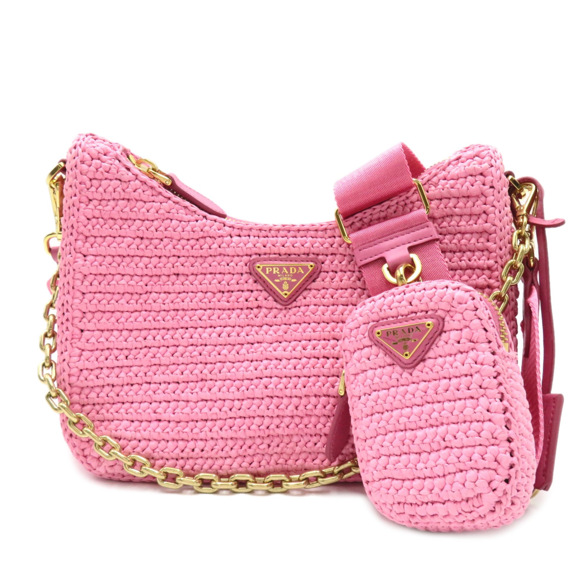 PRADA Re-Editon 2wayShoulder Pink Calfskin (cowhide) Raffia /Calfskin 1BC204