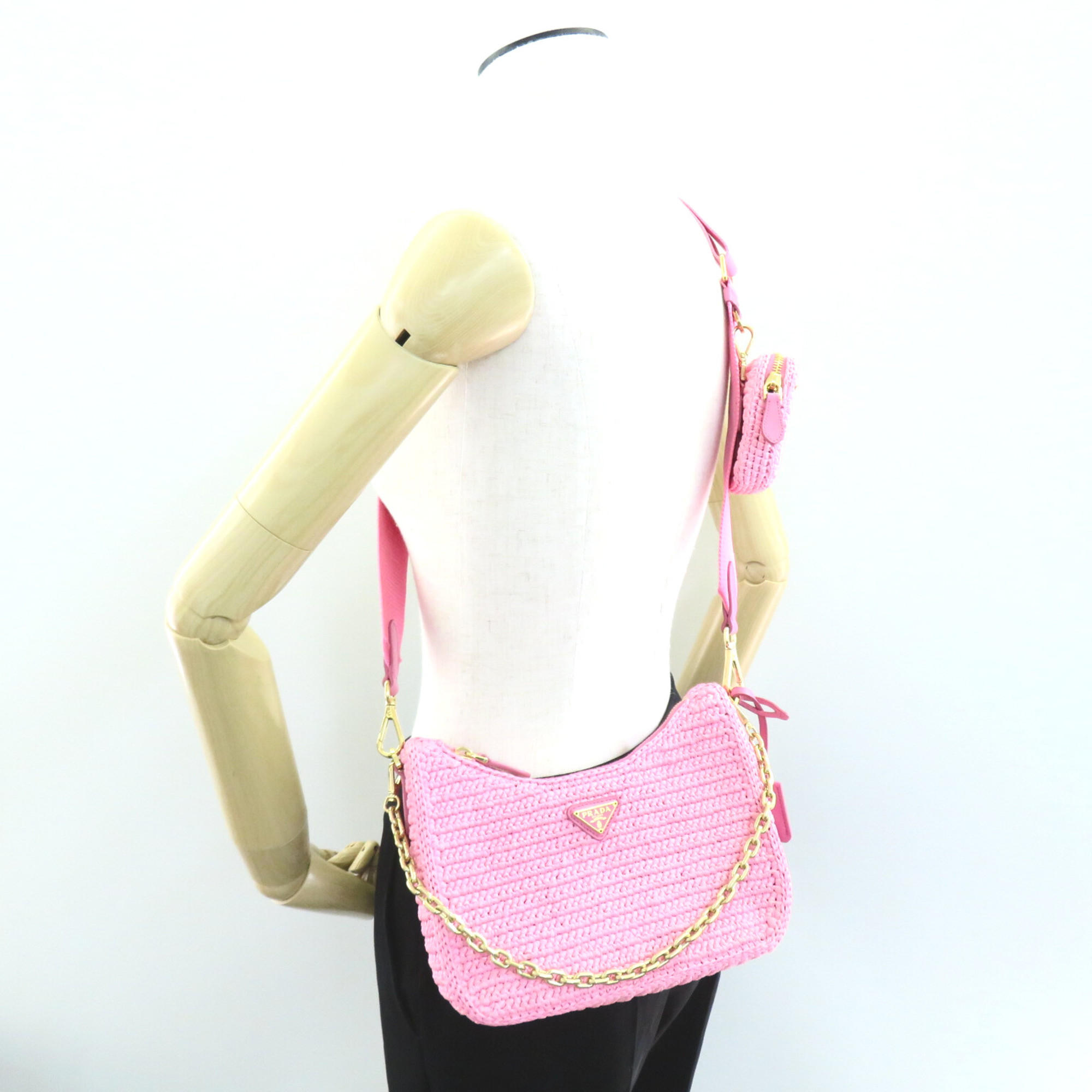 PRADA Re-Editon 2wayShoulder Pink Calfskin (cowhide) Raffia /Calfskin 1BC204