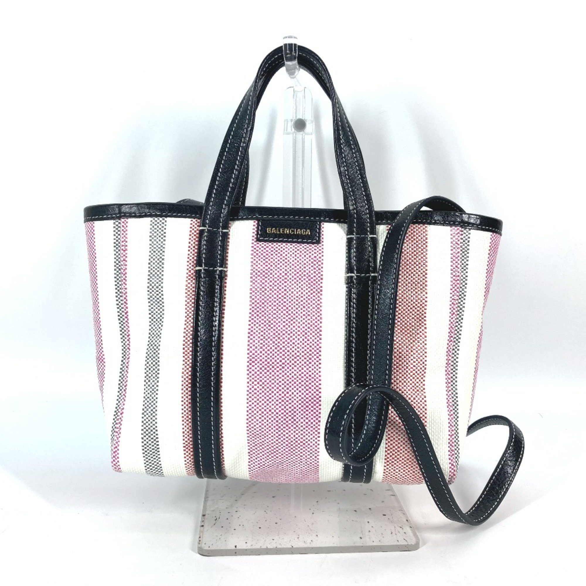 Balenciaga 671404 stripe 2WAY Shoulder Bag Crossbody Tote Bag Hand Bag pink Black x White