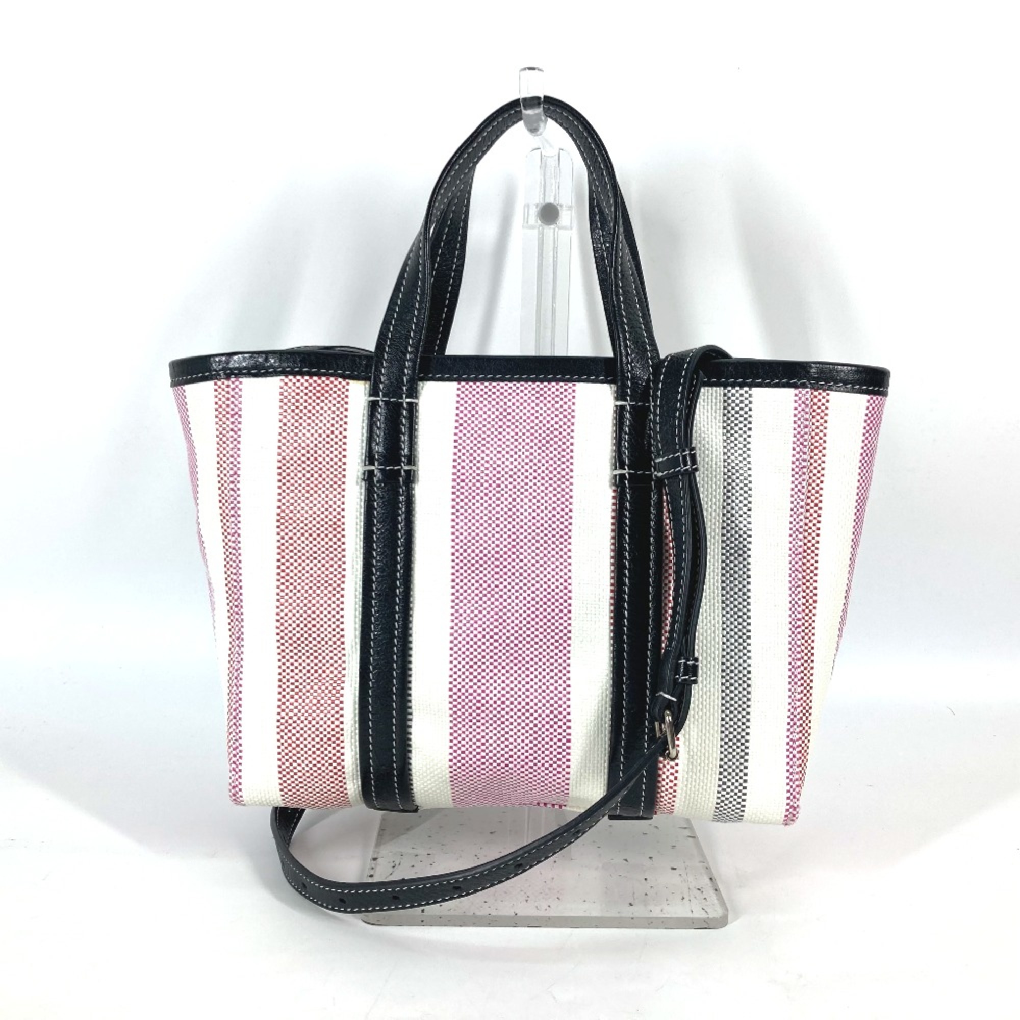 Balenciaga 671404 stripe 2WAY Shoulder Bag Crossbody Tote Bag Hand Bag pink Black x White