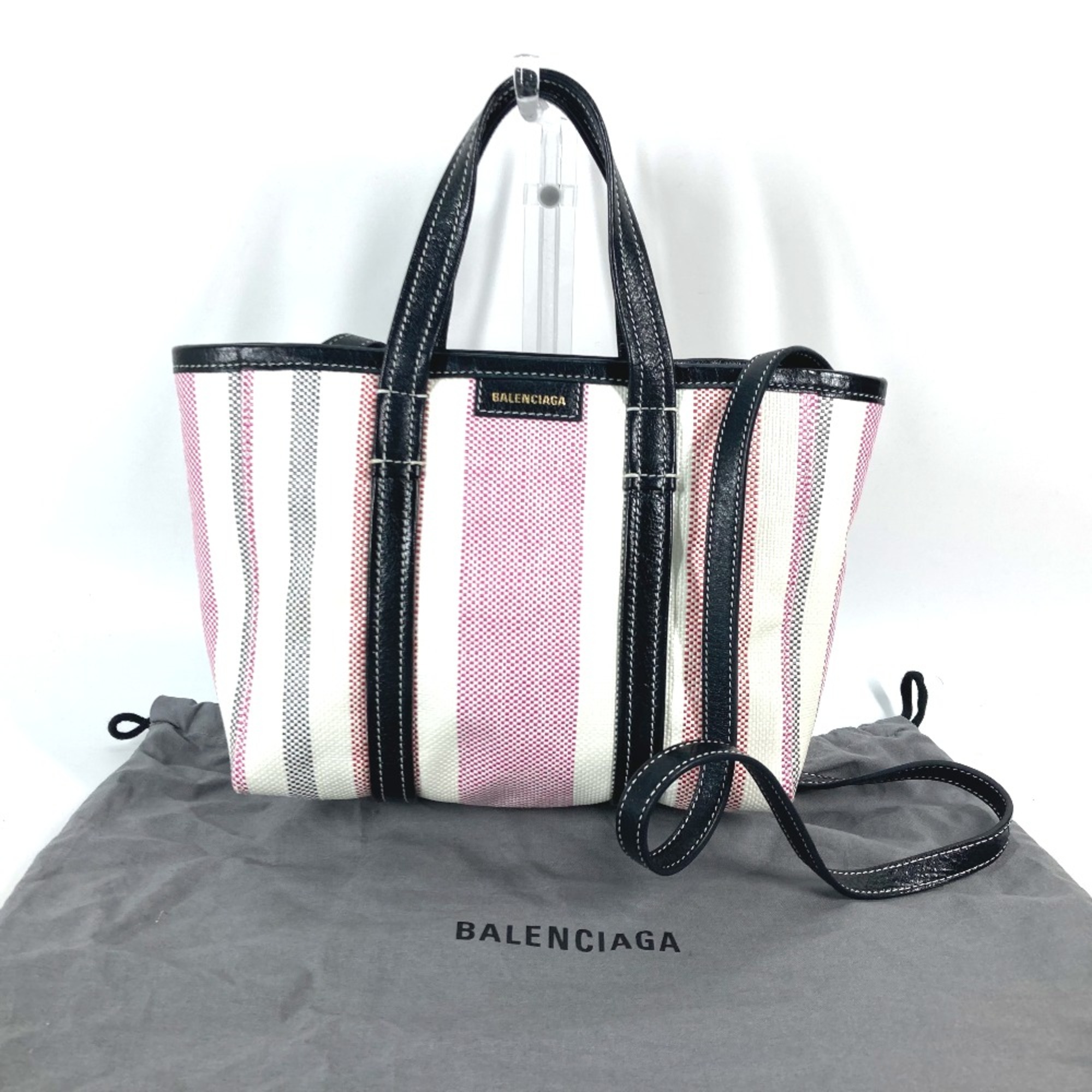 Balenciaga 671404 stripe 2WAY Shoulder Bag Crossbody Tote Bag Hand Bag pink Black x White