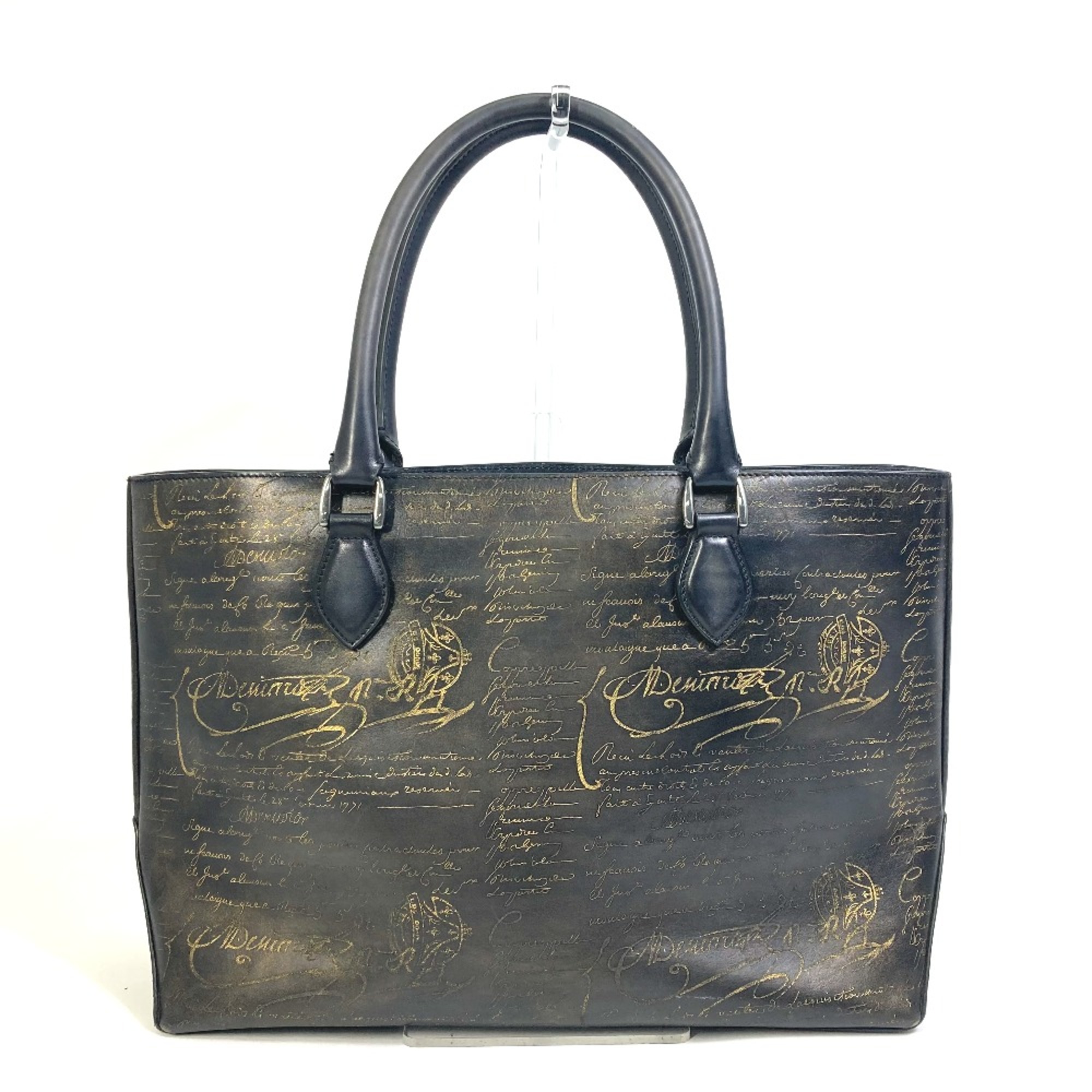 Berlutti Calligraphy Bag Hand Bag Tote Bag Navy x Gold SilverHardware