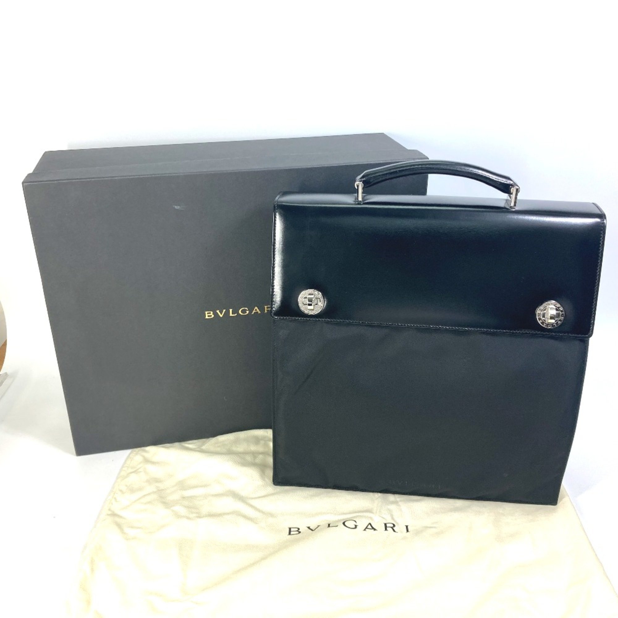 Bulgari briefcase vertical Hand Bag Business bag Black SilverHardware