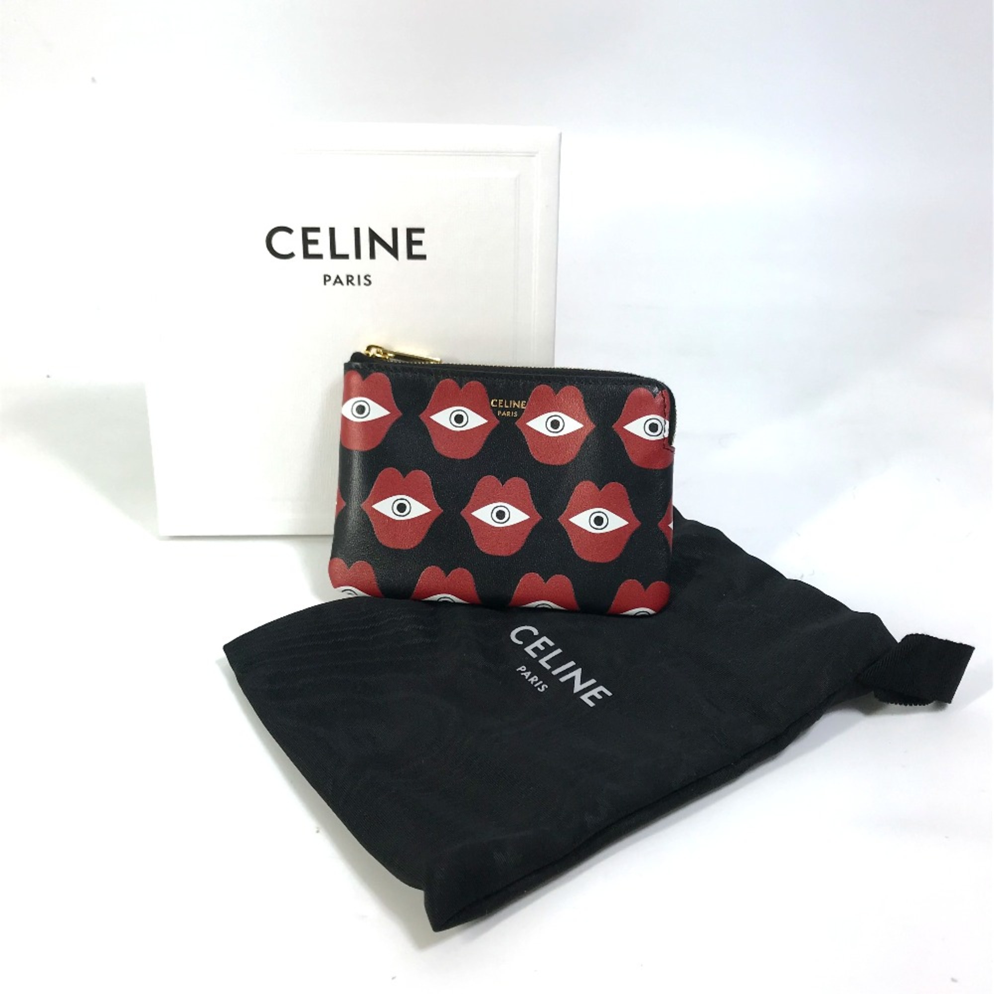 CELINE lip eye Wallet Coin Compartment Accessory case coin purse Black x Red