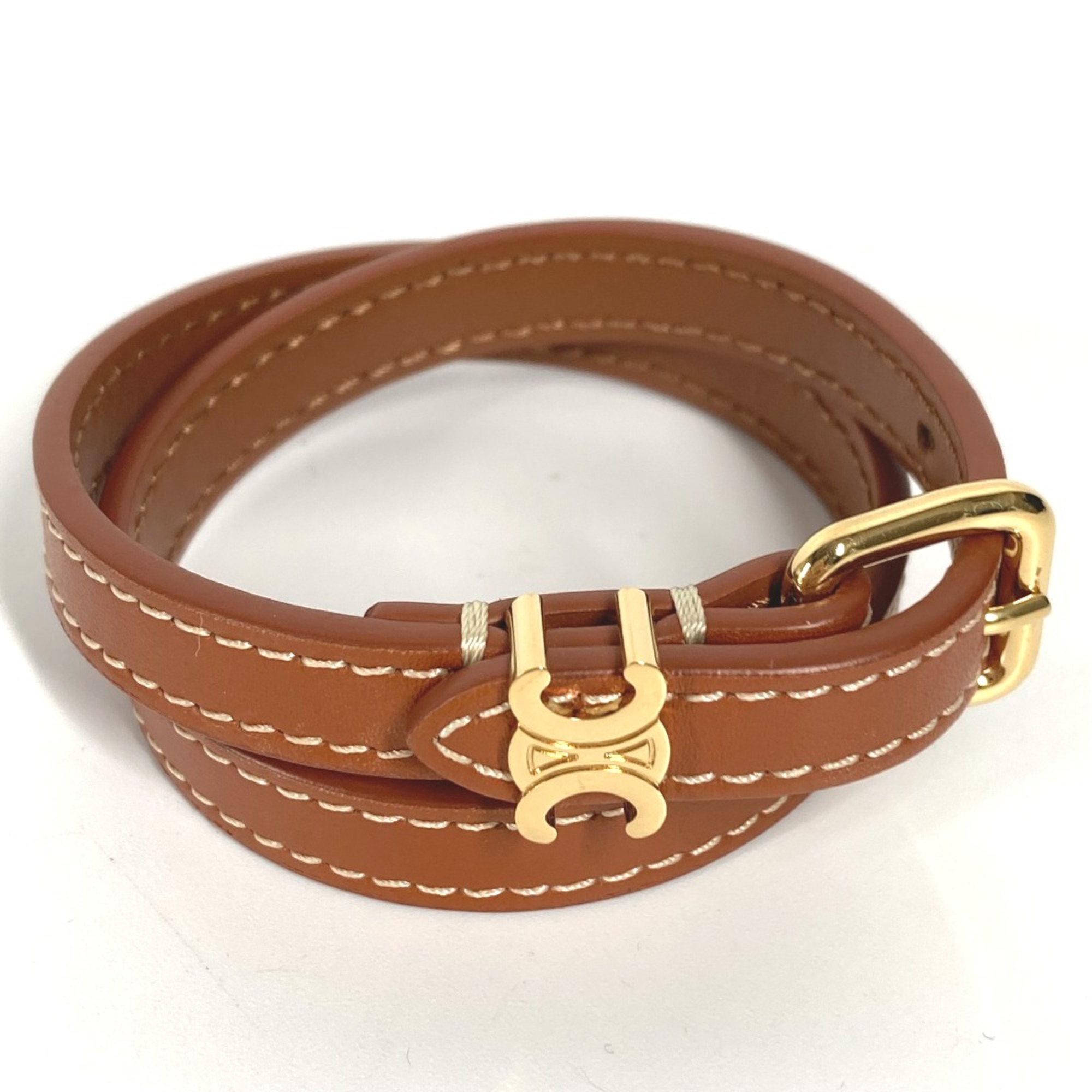 CELINE 460SF3BCF Triomphe Bangle Accessories Double Layer Bracelet Gold x Tan Brown GoldHardware