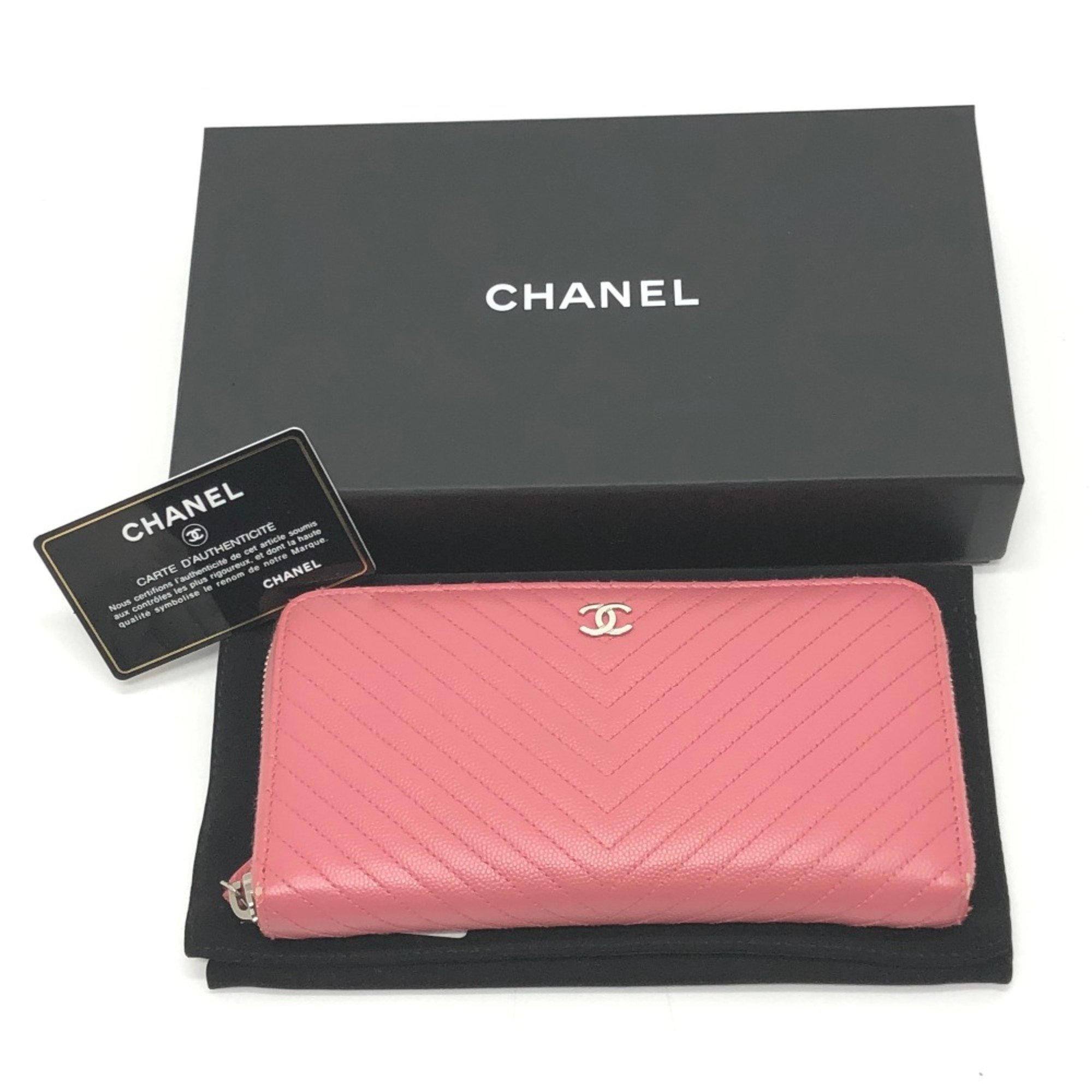 Chanel A50097 CC Mark VChevron Long Wallet pink Metal fittingsSilver