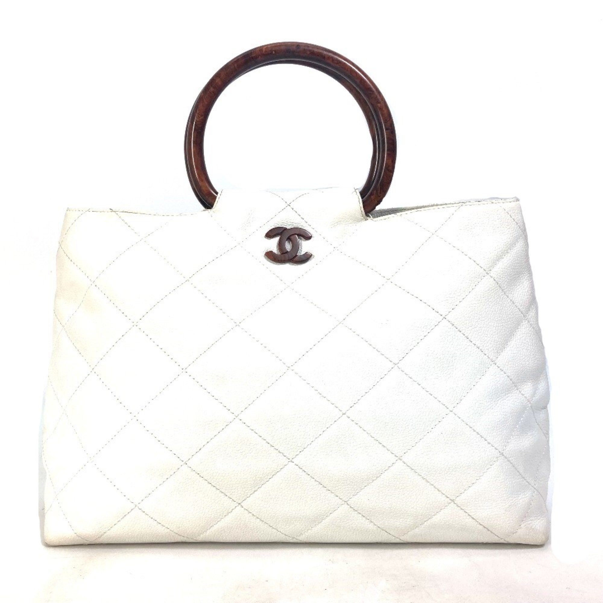 Chanel Matelasse Quilted Wood handle bag Tote Bag Hand Bag White Brown