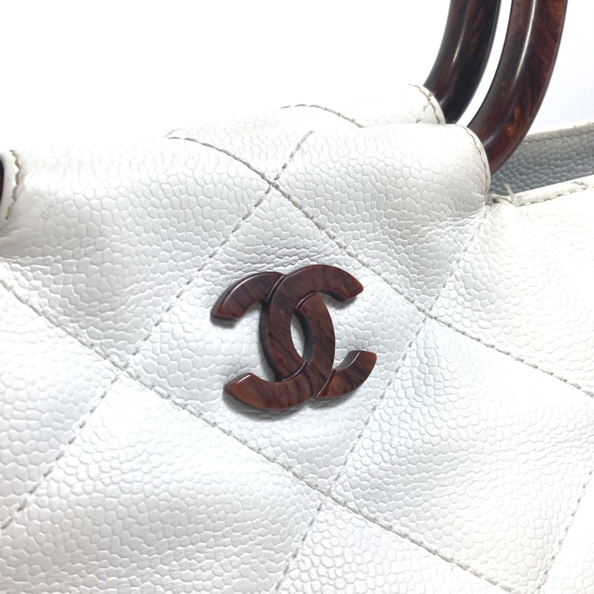 Chanel Matelasse Quilted Wood handle bag Tote Bag Hand Bag White Brown