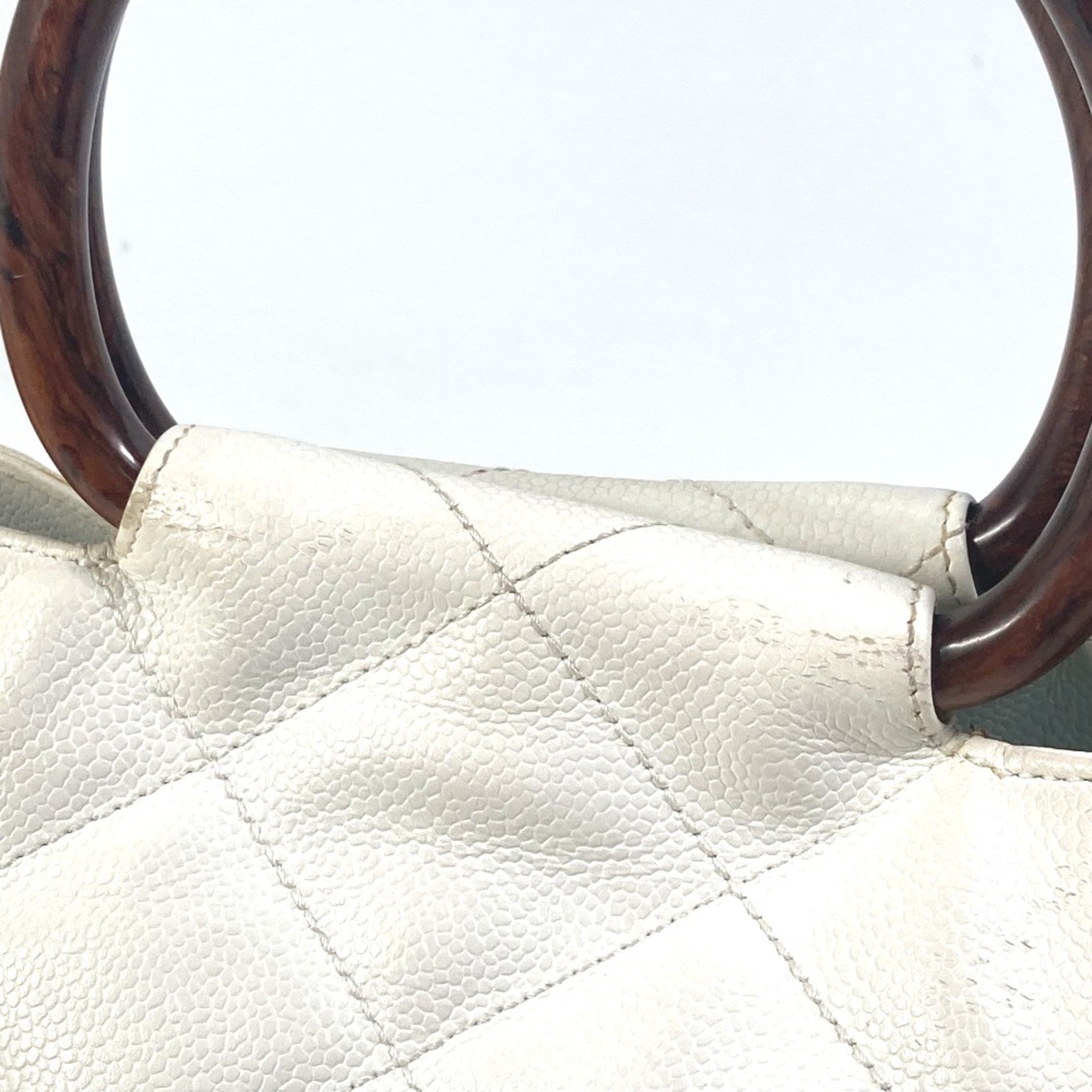 Chanel Matelasse Quilted Wood handle bag Tote Bag Hand Bag White Brown