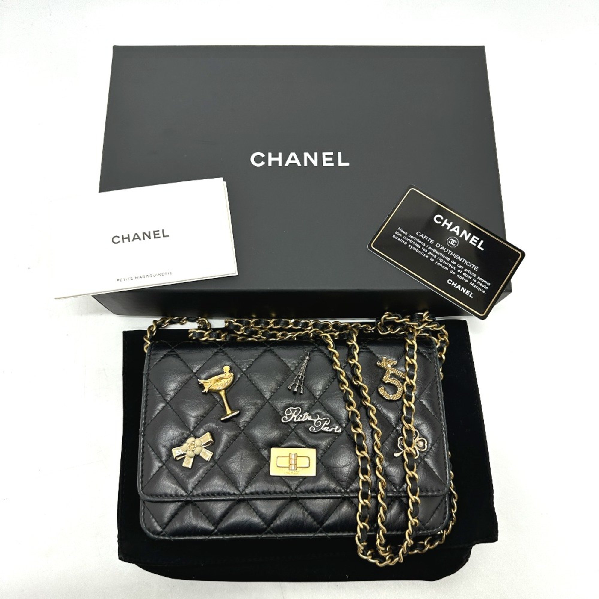 Chanel A80441 2.55 Embroidered Studs Chain wallet Shoulder Bag Black GoldHardware