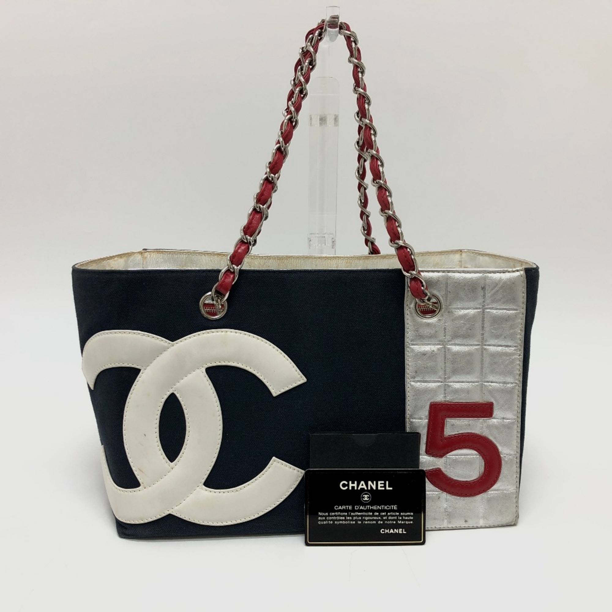 Chanel Chain Tote Bag Navy Silver