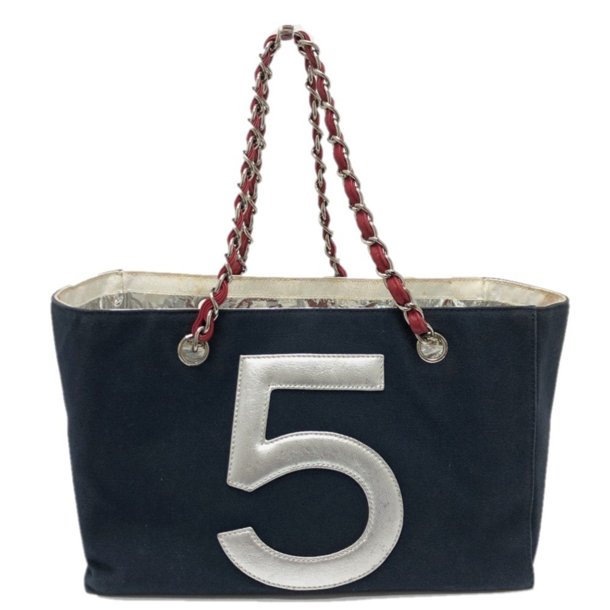 Chanel Chain Tote Bag Navy Silver