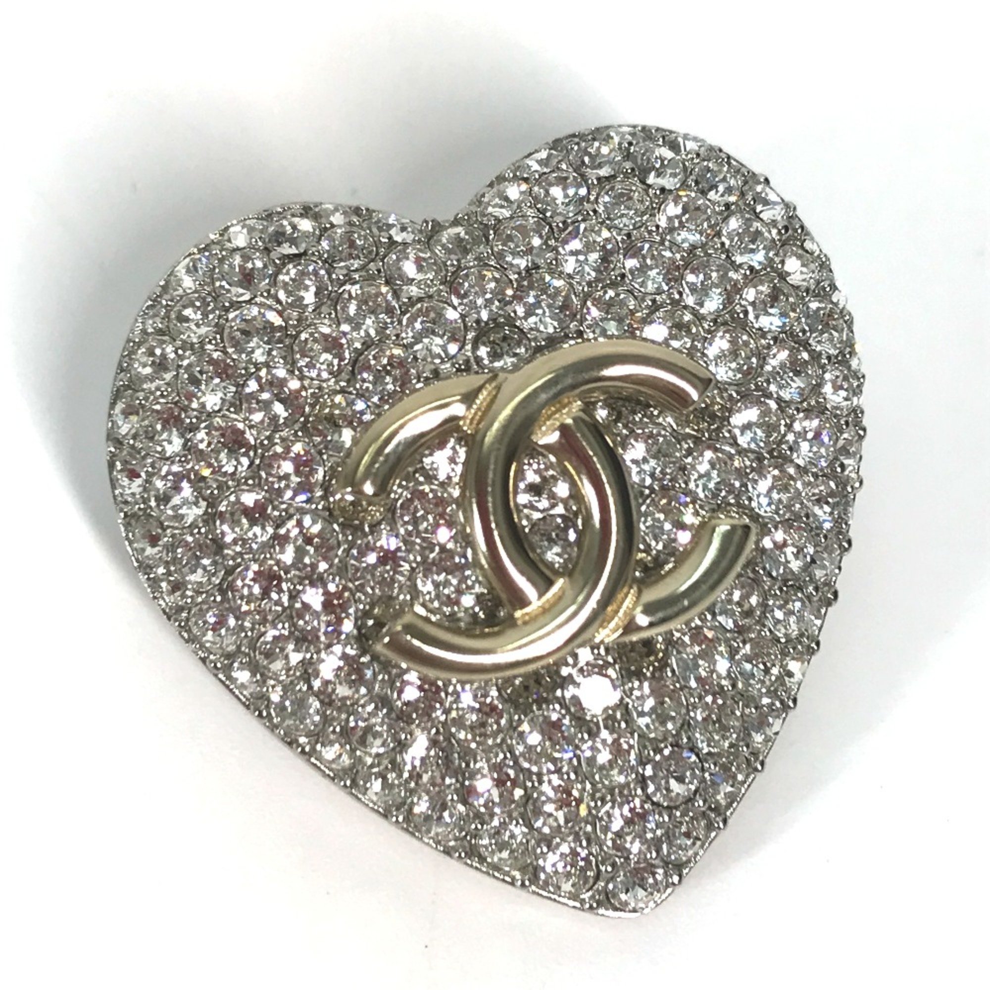 Chanel 20S Rhinestone Heart Accessories Brooch Silver Gold