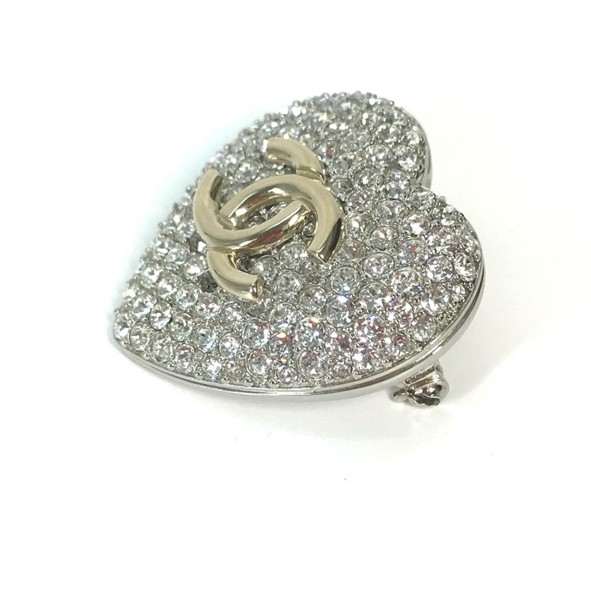 Chanel 20S Rhinestone Heart Accessories Brooch Silver Gold