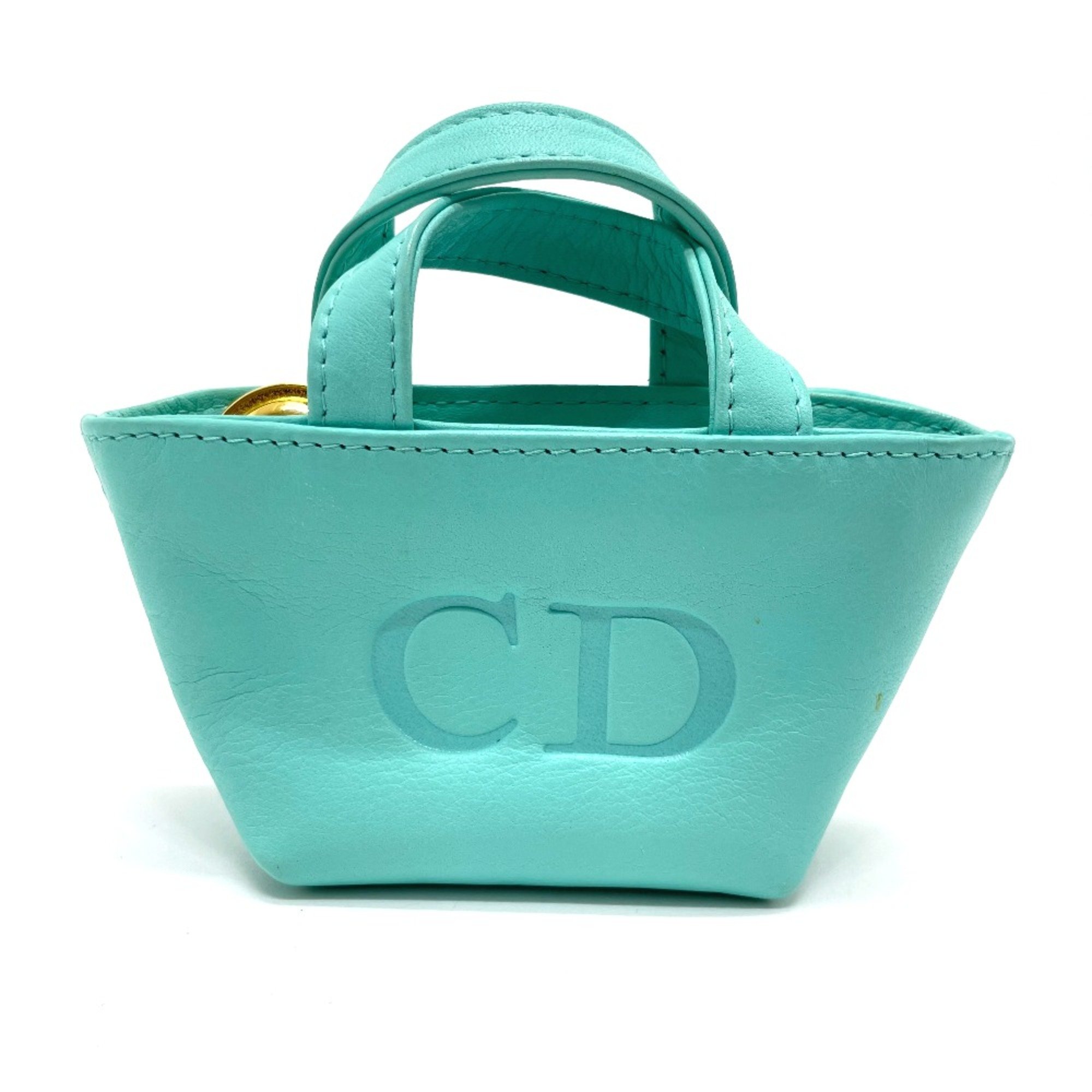 CHRISTIAN DIOR CD logo bag mini pouch charm Hand Bag Turquoise x Gold Hardware