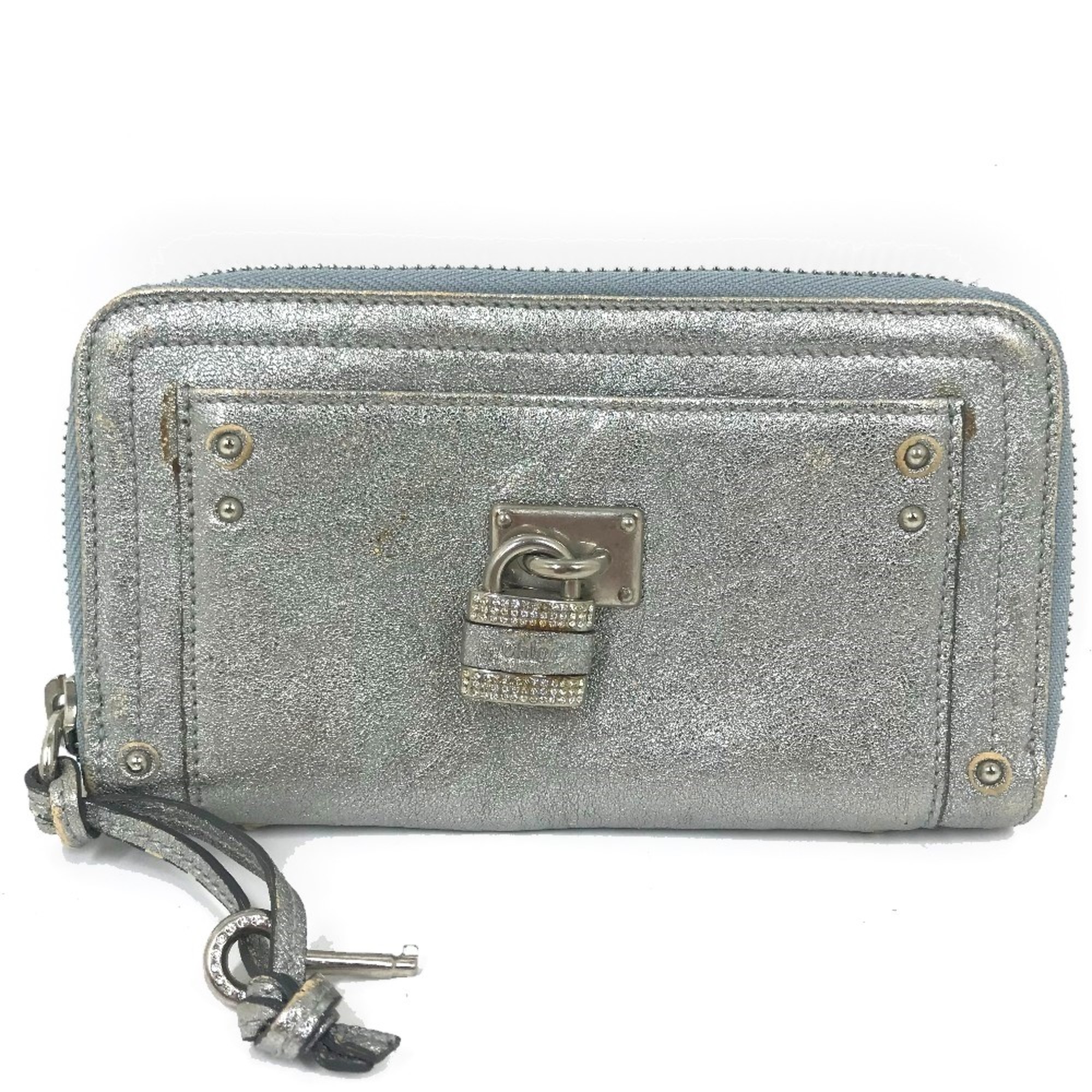 Chloe padlock rhinestone Zip Around Long Wallet Silver