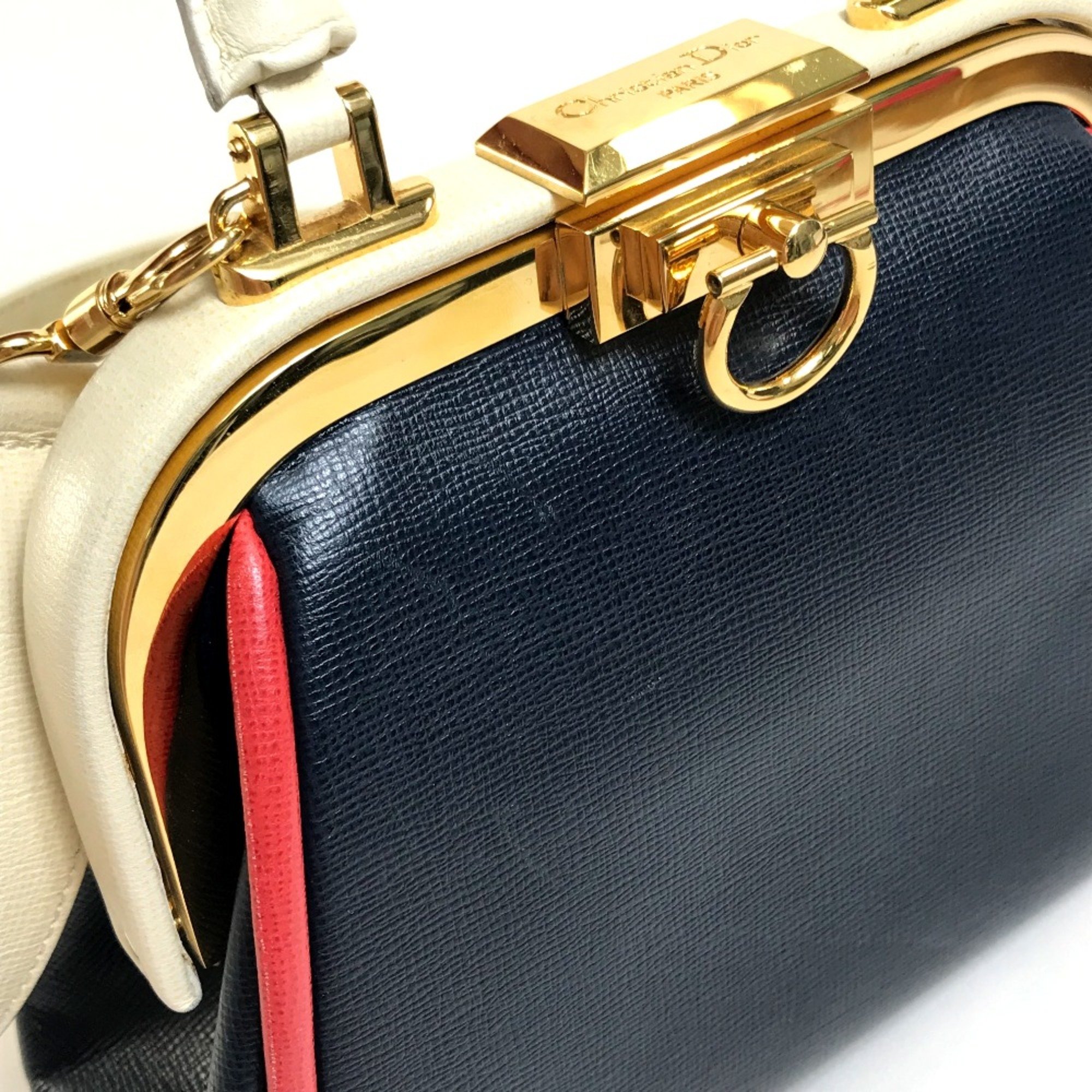 Christian CHRISTIAN DIOR Tricolor Vintage Bag 2WAYShoulder Bag Hand Bag Navy x WhiteBased x Red GoldHardware