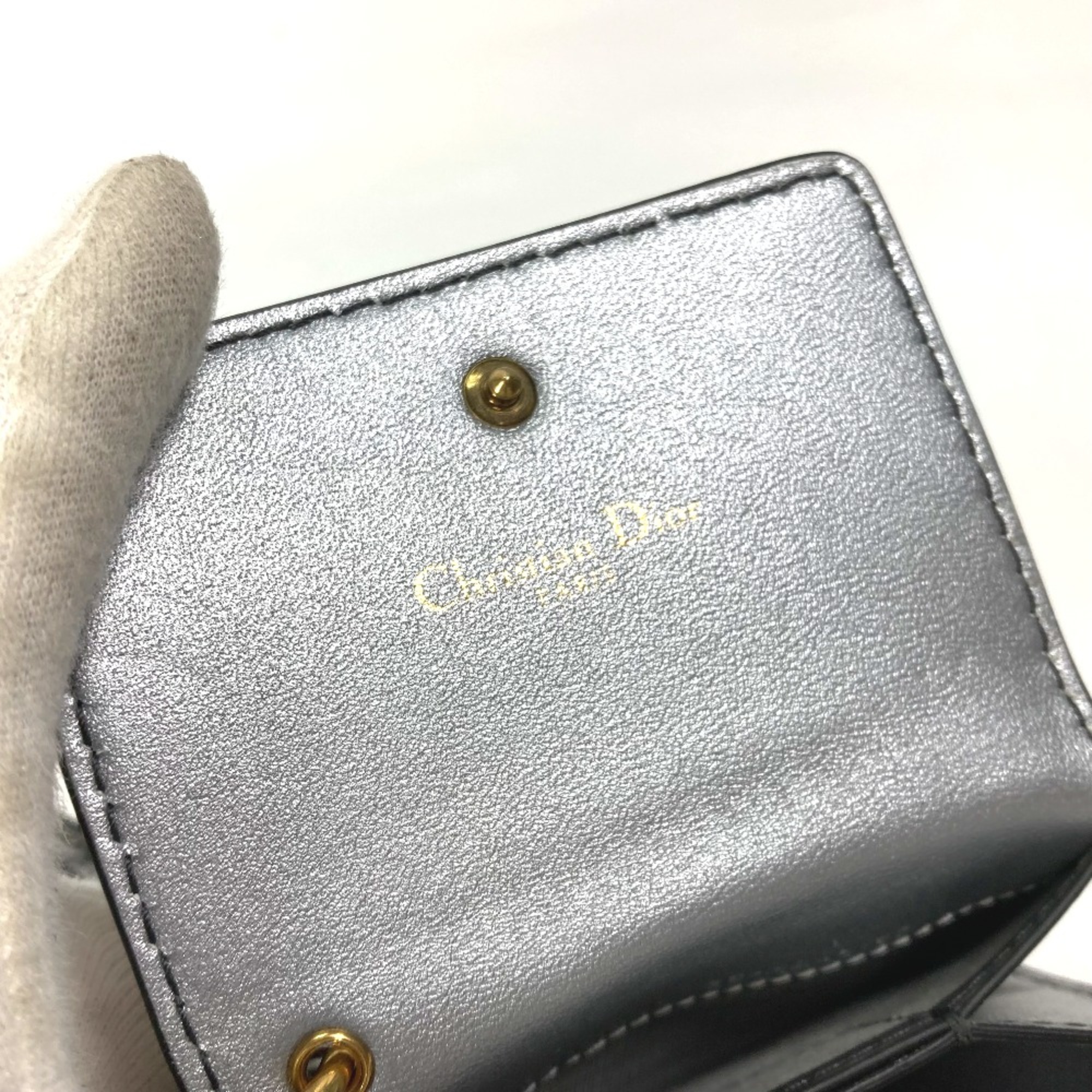 CHRISTIAN DIOR Pass Case Card Case Key Holder Bag Charm Bifold Card Case Silver Gold