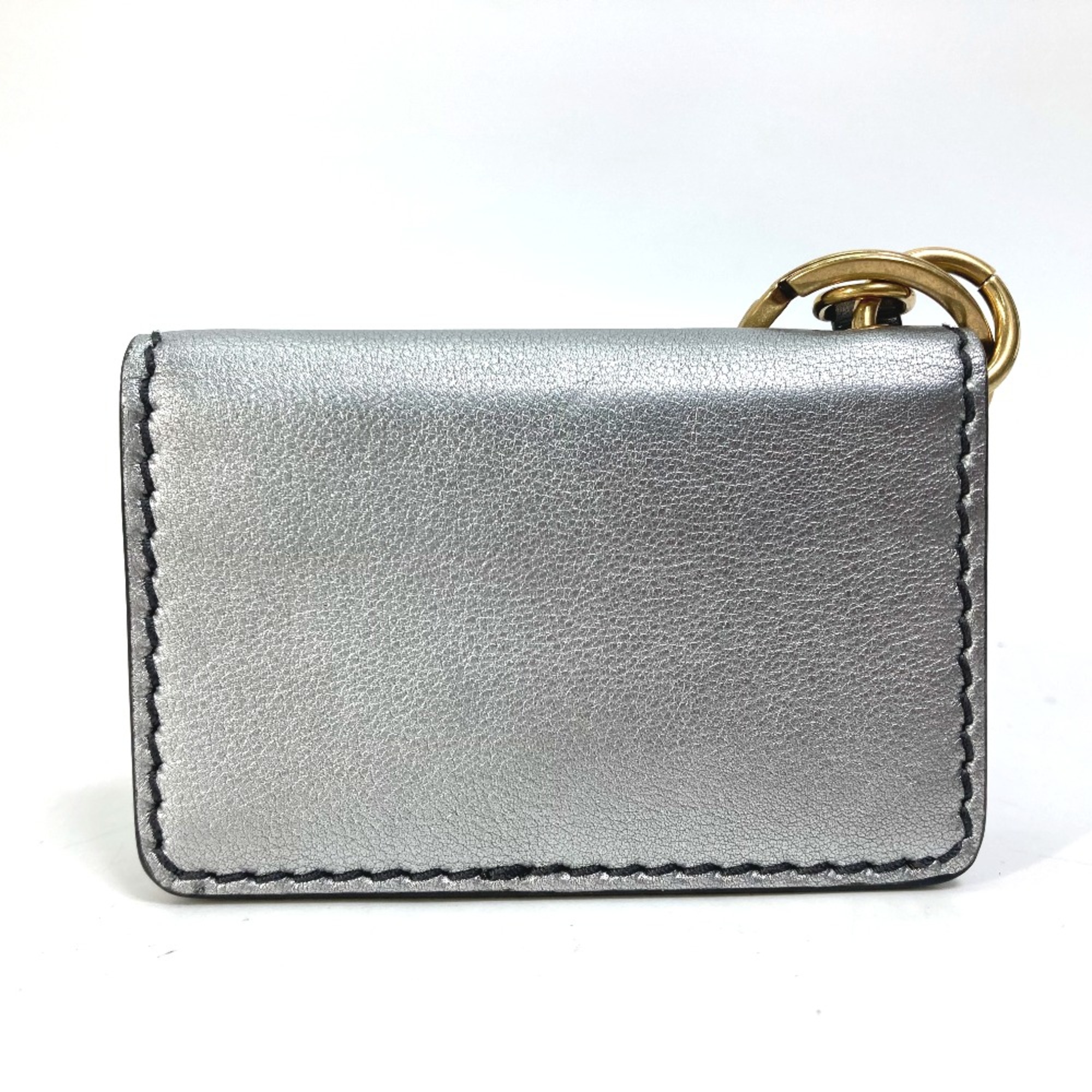 CHRISTIAN DIOR Pass Case Card Case Key Holder Bag Charm Bifold Card Case Silver Gold