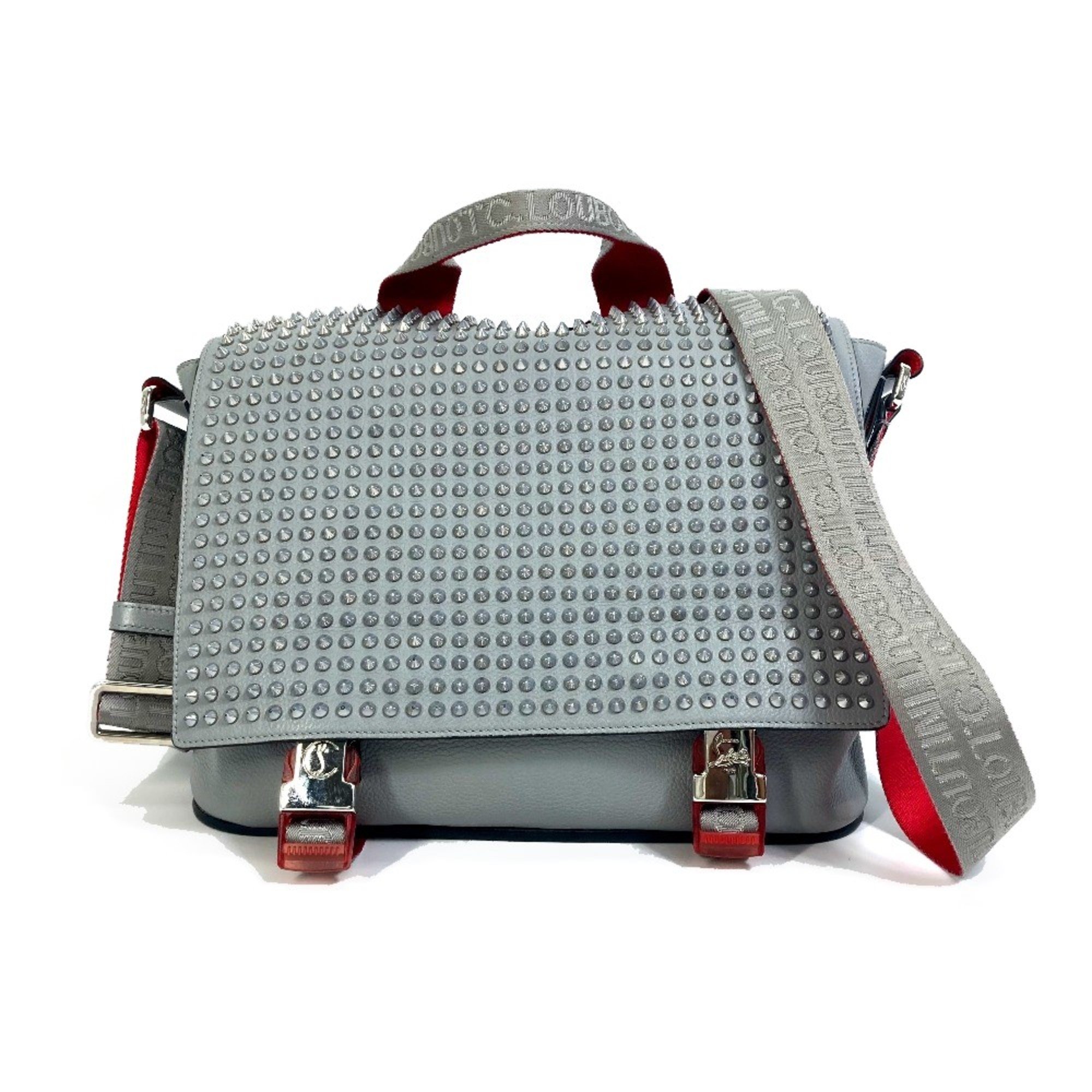 Christian Louboutin Spike studs Bag Crossbody Hand Bag Shoulder Bag Gray x Red