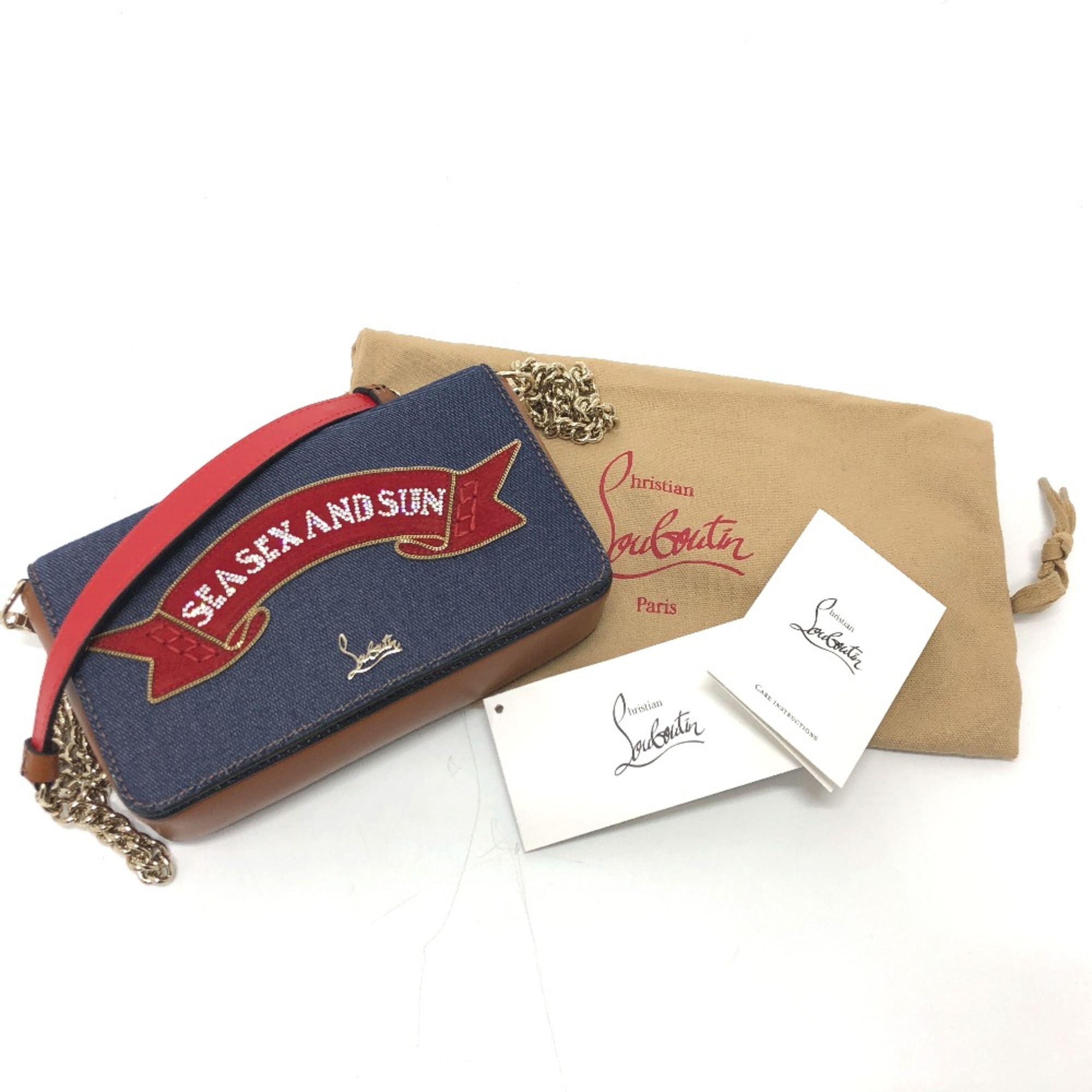 Christian Louboutin 1195313 logo Denim Chain Shoulder Bag Navy Based GoldHardware