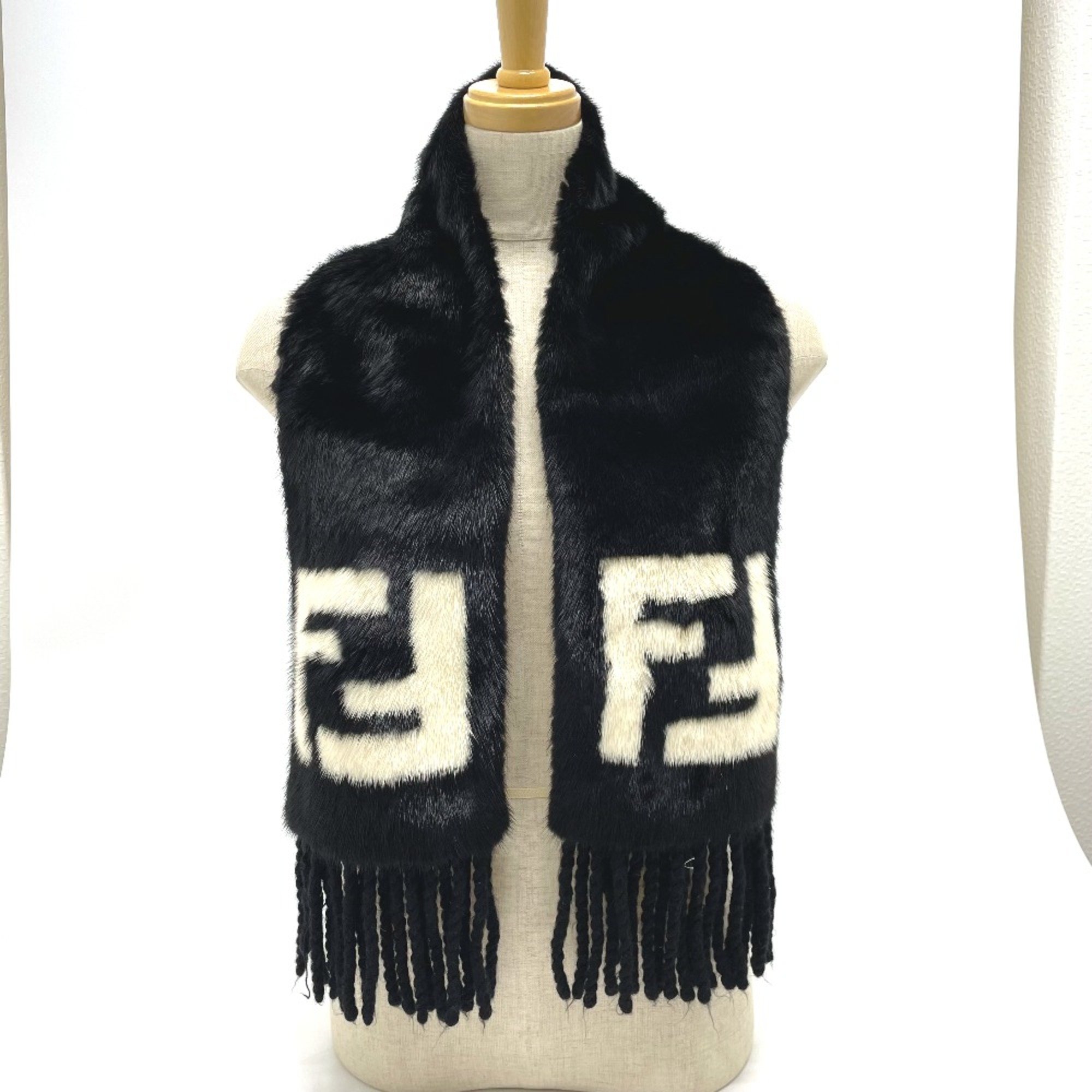 Fendi FNG470 FF Zucca Fur fringe Scarf Black