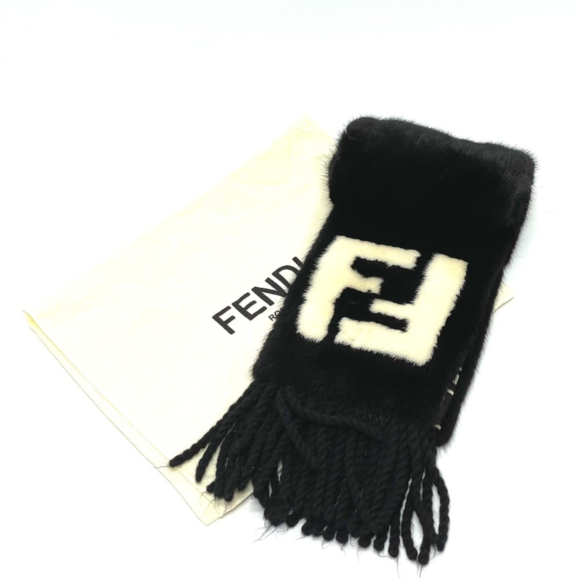 Fendi FNG470 FF Zucca Fur fringe Scarf Black