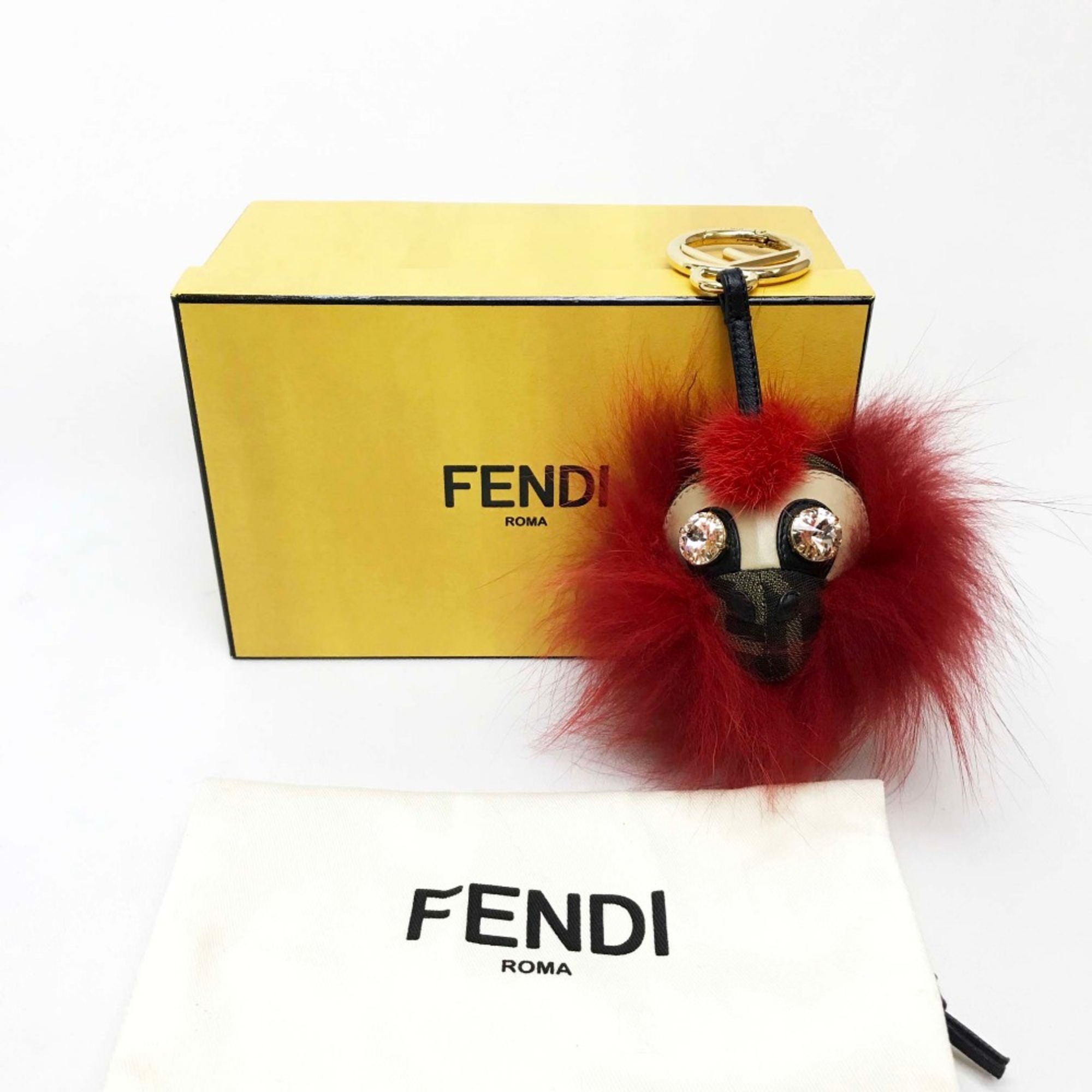 Fendi Real fur FF pattern with Bijoux Key ring Red Red x Brown GoldHardware