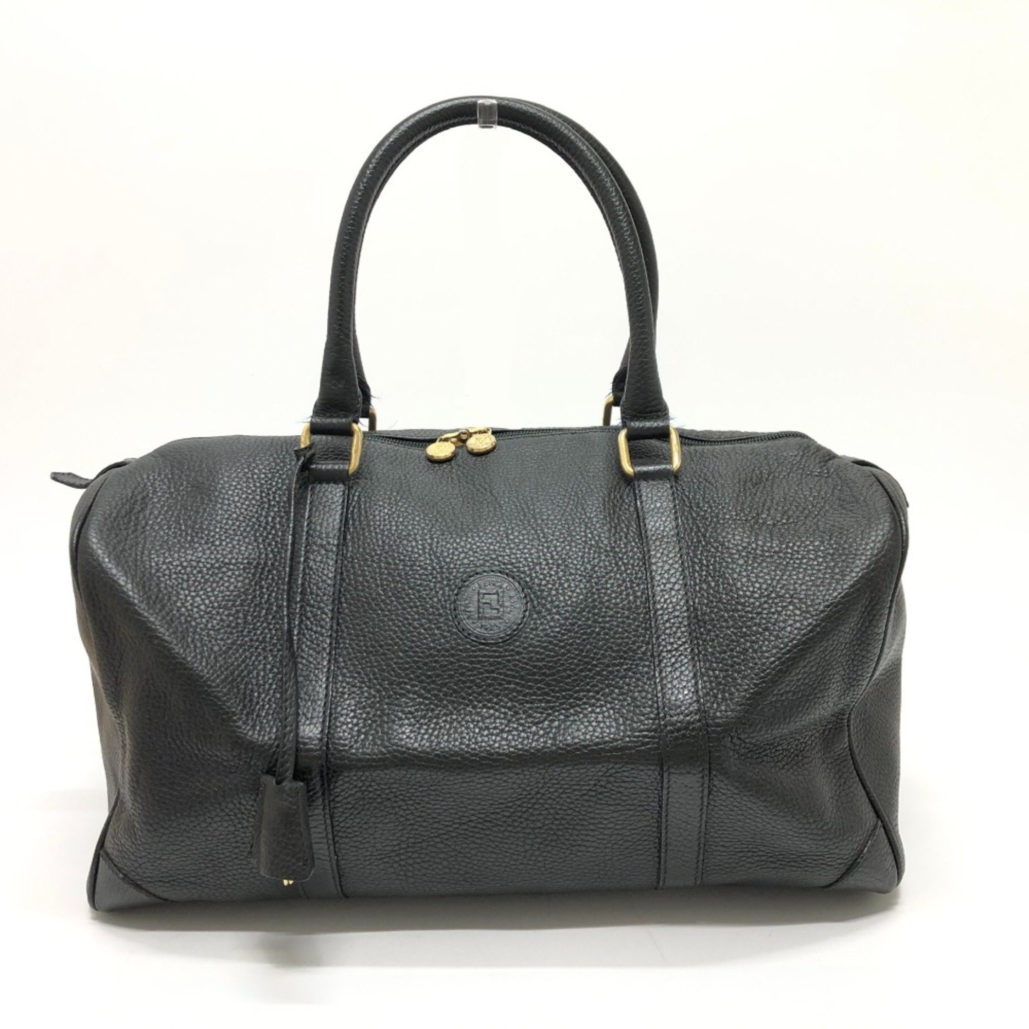 Fendi FF logo Hand Bag Duffle Bag Black GoldHardware