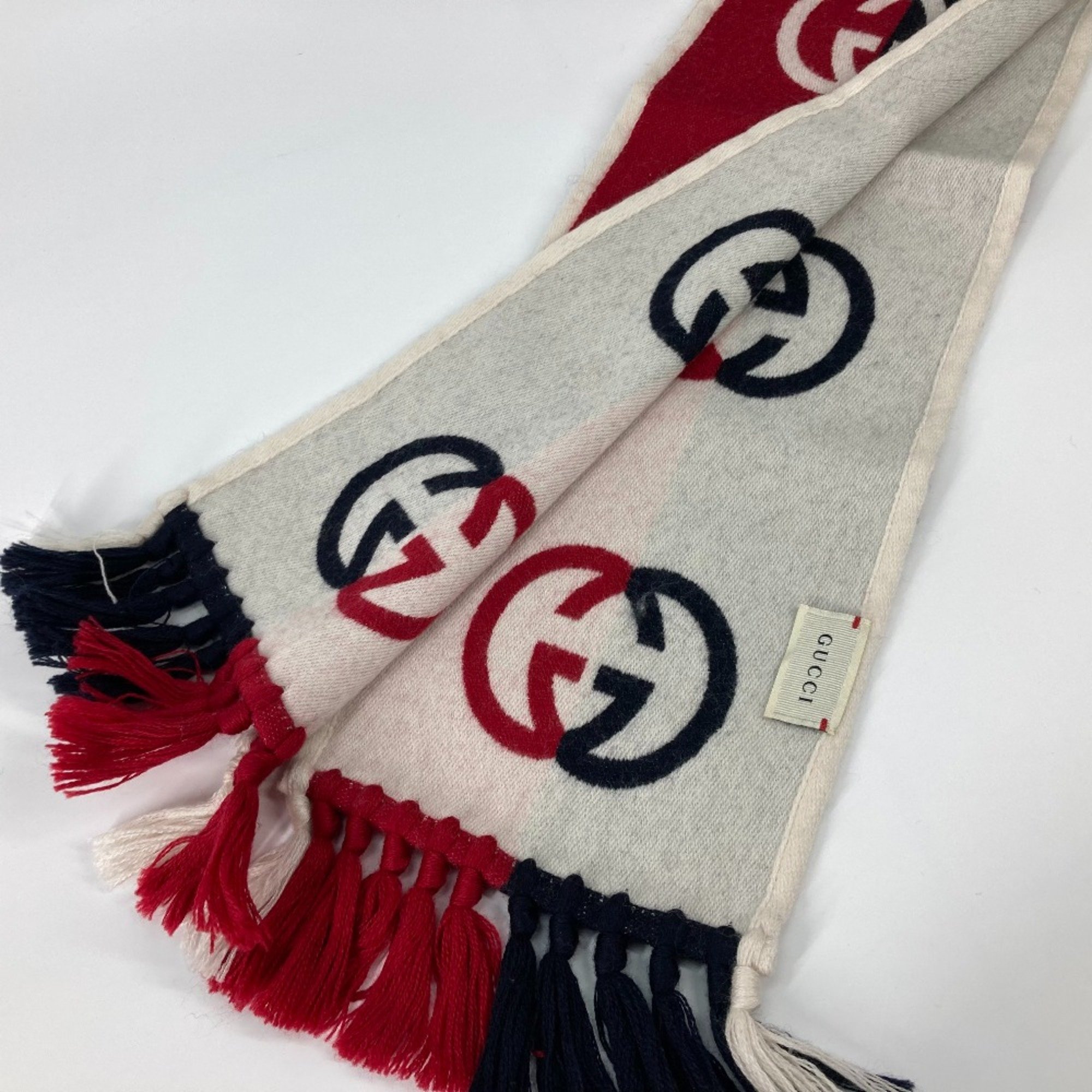 Gucci Interlocking G Fringe Bicolor Scarf Navy /Red IvoryBased