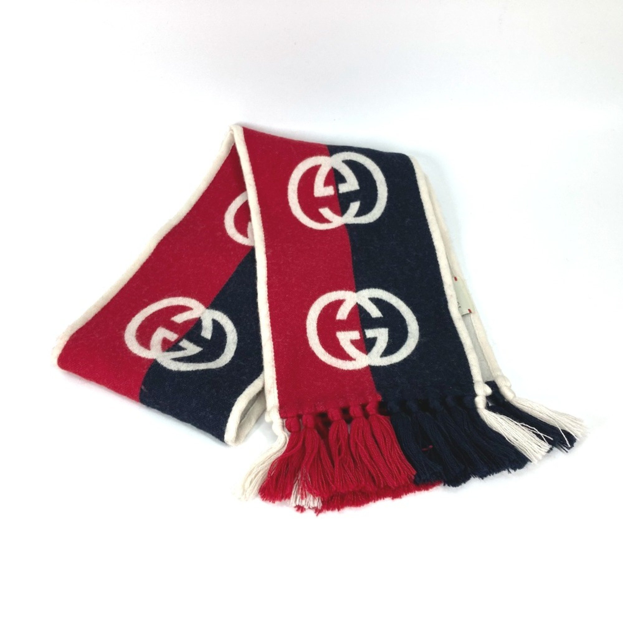 Gucci Interlocking G Fringe Bicolor Scarf Navy /Red IvoryBased