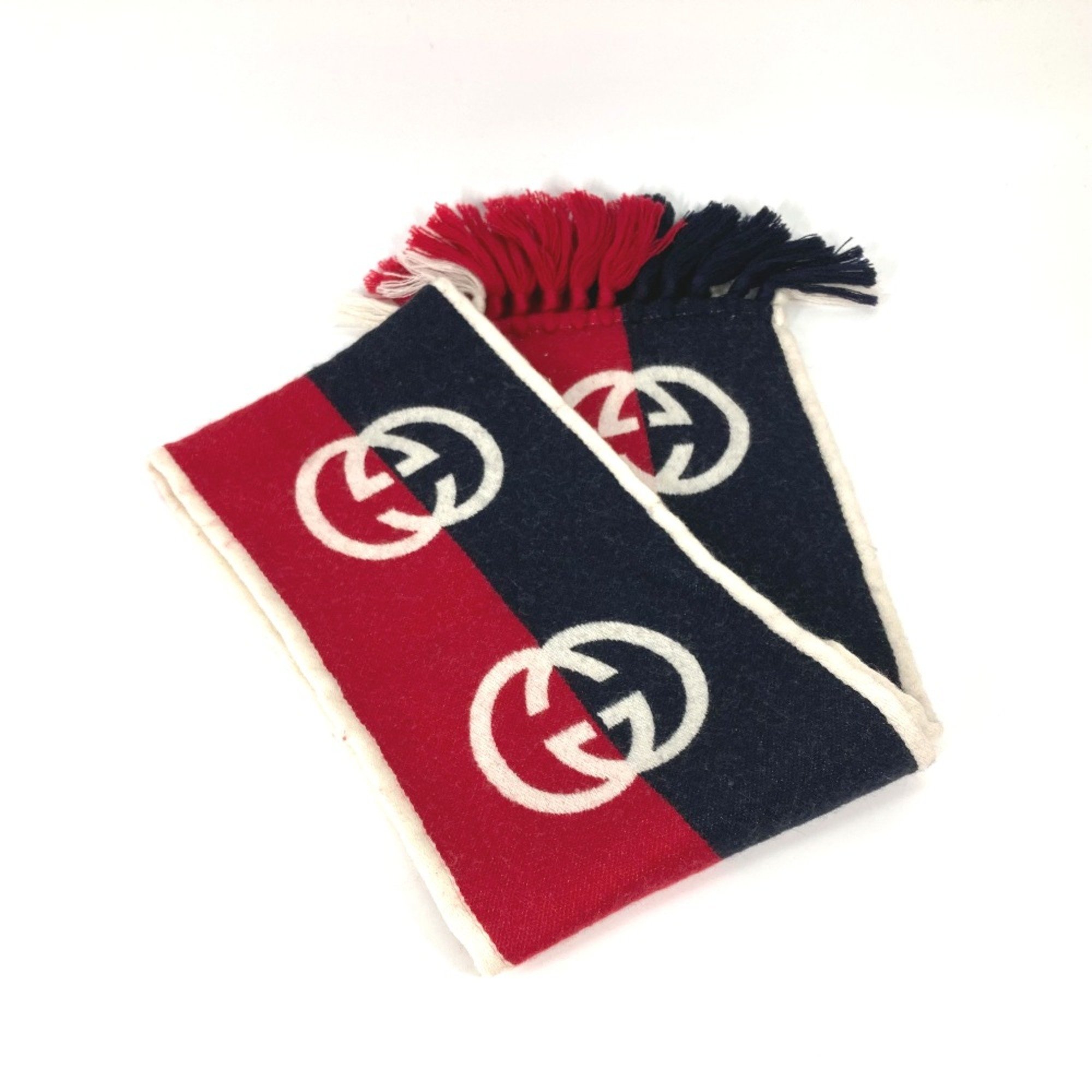 Gucci Interlocking G Fringe Bicolor Scarf Navy /Red IvoryBased