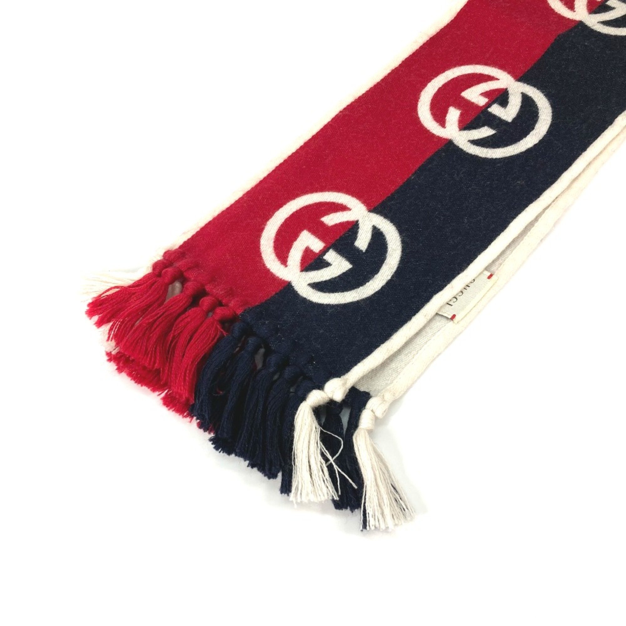 Gucci Interlocking G Fringe Bicolor Scarf Navy /Red IvoryBased