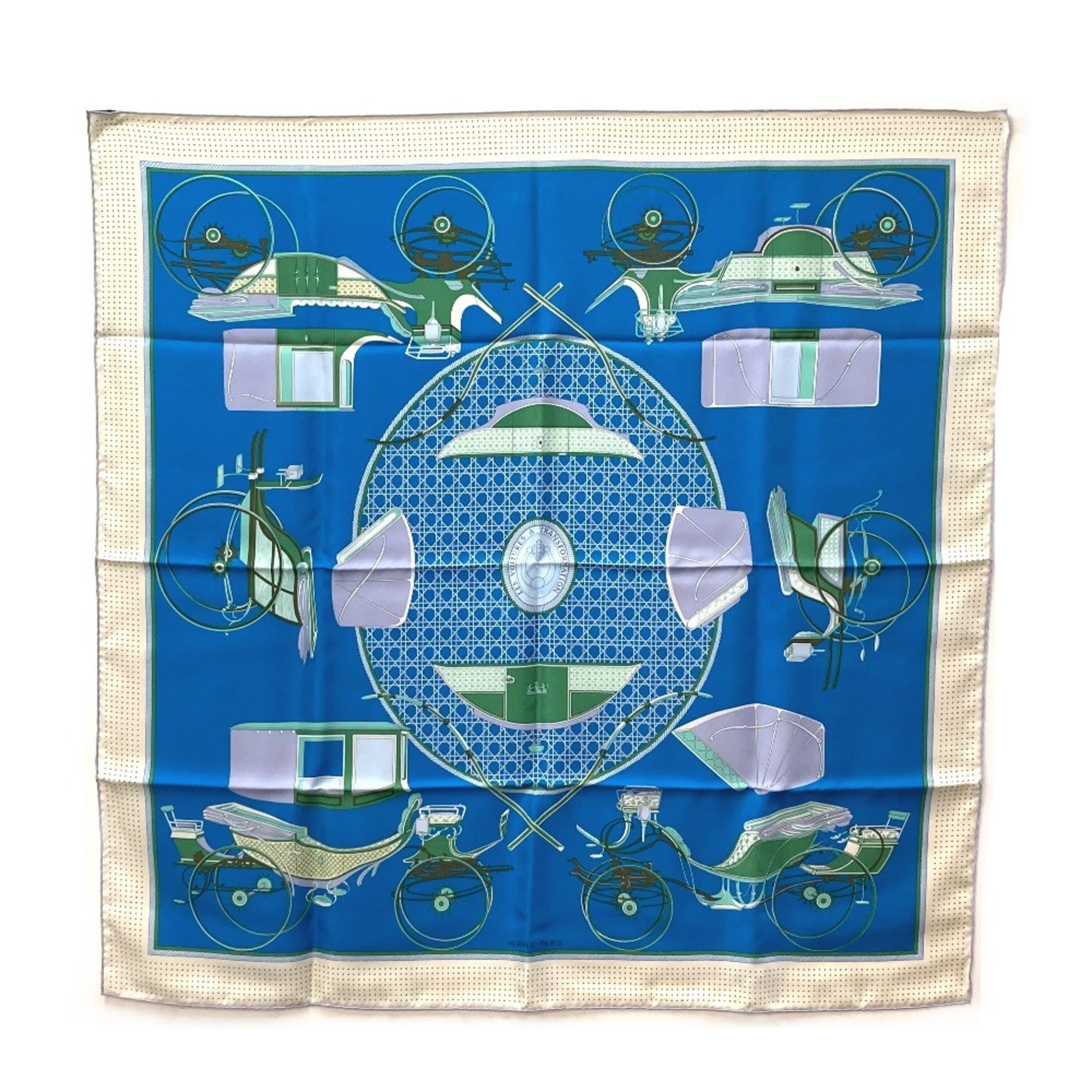 Hermes LA PERRIERE Carre90 Scarf Blue x Green x Ivory