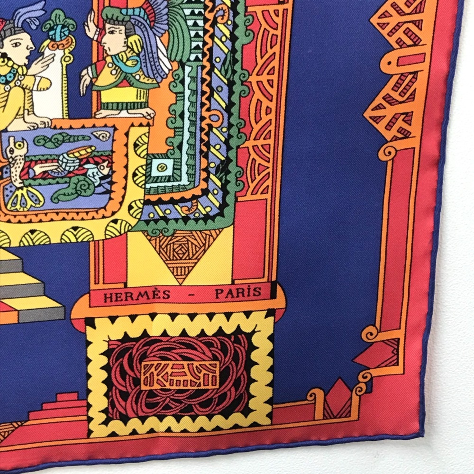 Hermes Carre90 ethnic Scarf Blue x Red x White Multicolore